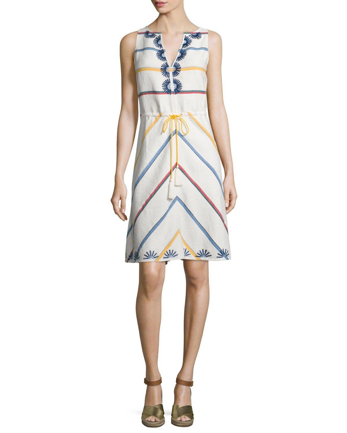 Tory Burch Linen Blaine Embroidered Multi-striped Dress - Lyst
