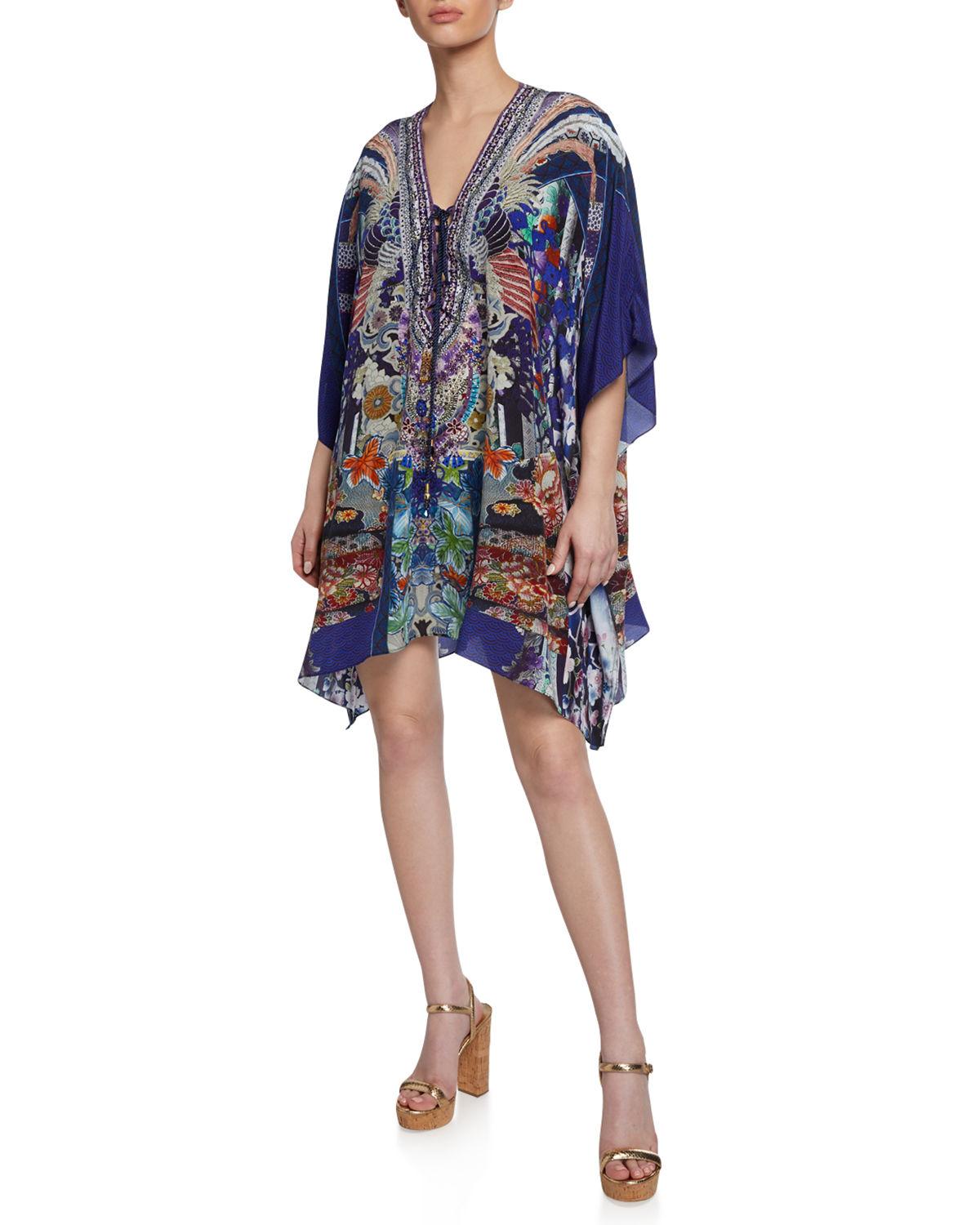 Lyst - Camilla Printed Embellished Lace-up Short Coverup Kaftan in Blue