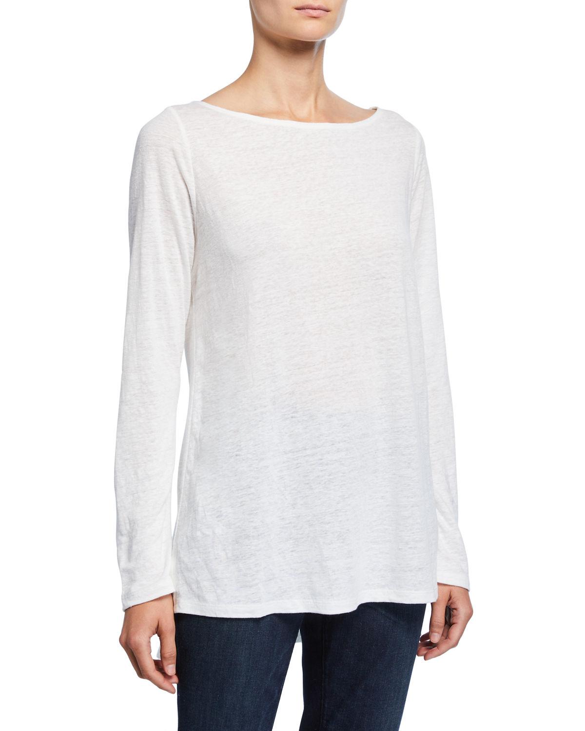 Eileen Fisher Bateau-neck Long-sleeve Organic Linen Top in White - Lyst