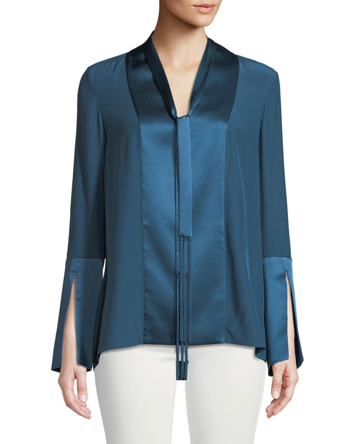 Lyst - Elie Tahari Maverick Tie V-neck Slit-cuffs Silk Blouse in Blue