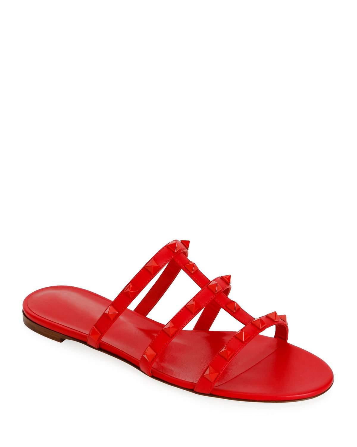 Valentino Tonal Rockstud Flat Leather Slide Sandals in Red - Lyst