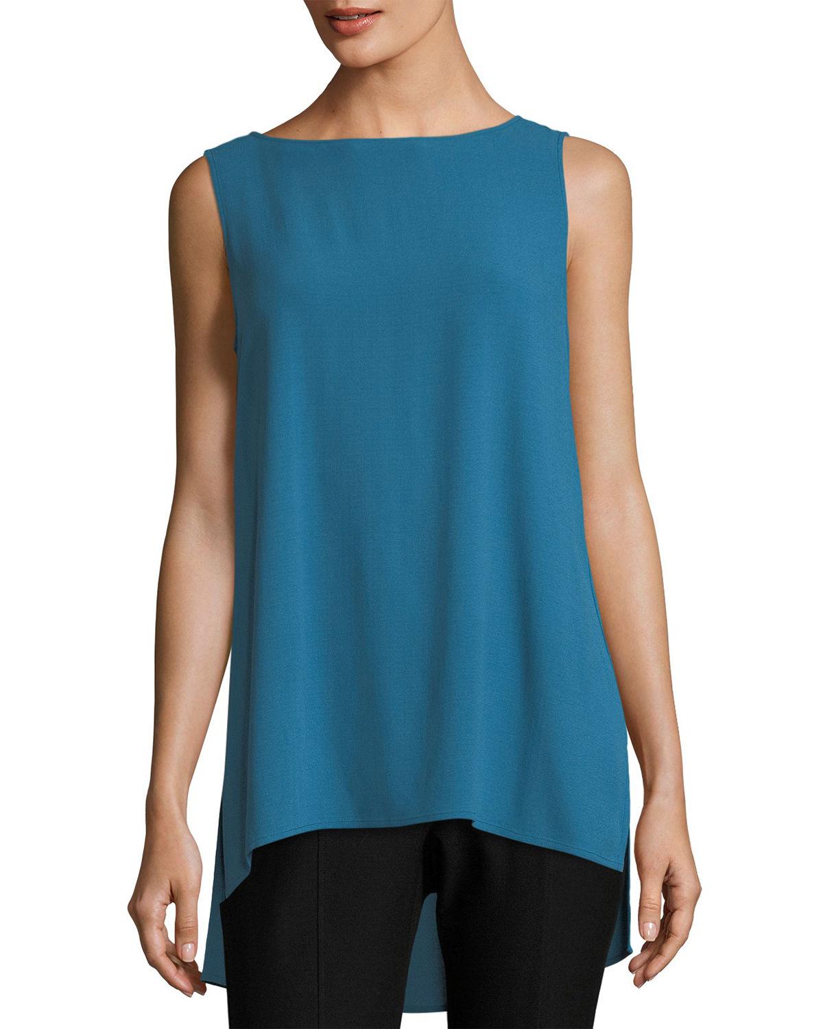 Eileen Fisher Sleeveless Silk Long Shell in Blue Lyst