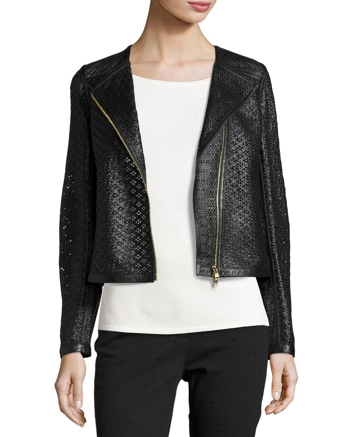 Lyst - Escada Perforated Leather Moto Jacket in Black