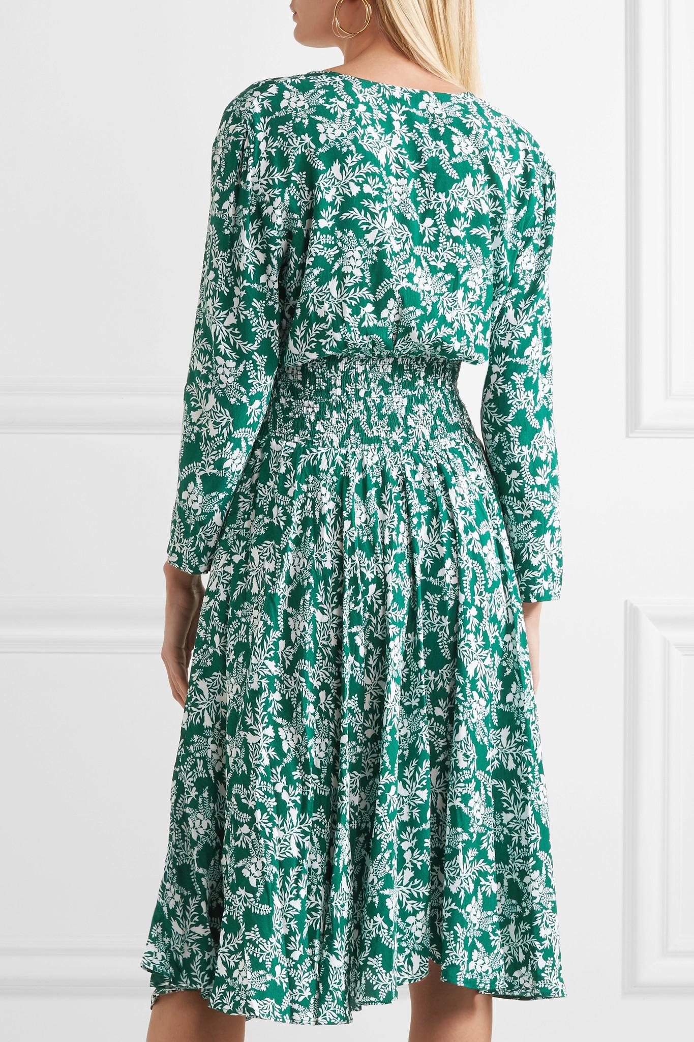 Maje Rayelle Shirred Floral-print Crepe Midi Dress in Green - Lyst