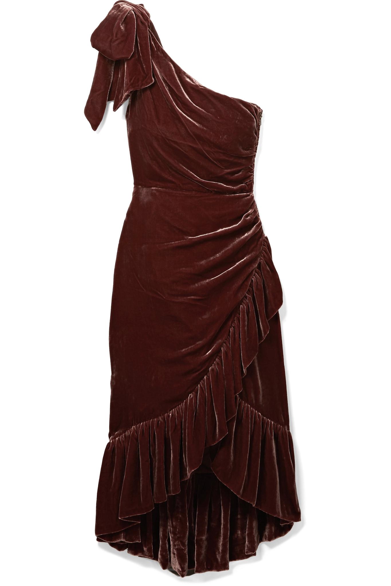 Lyst - Ulla johnson Elisa One-shoulder Ruffled Velvet Dress in Brown