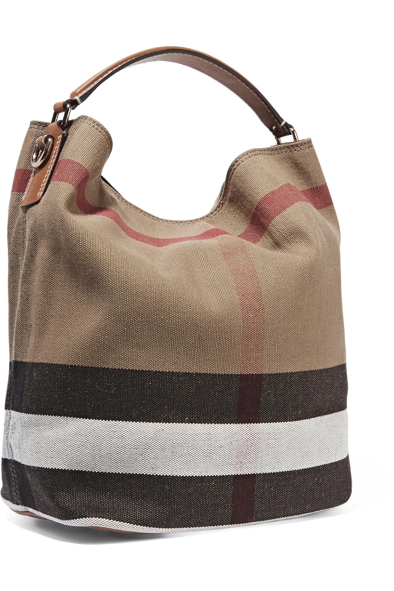 Burberry Leather-trimmed Checked Canvas Hobo Bag in Brown - Lyst
