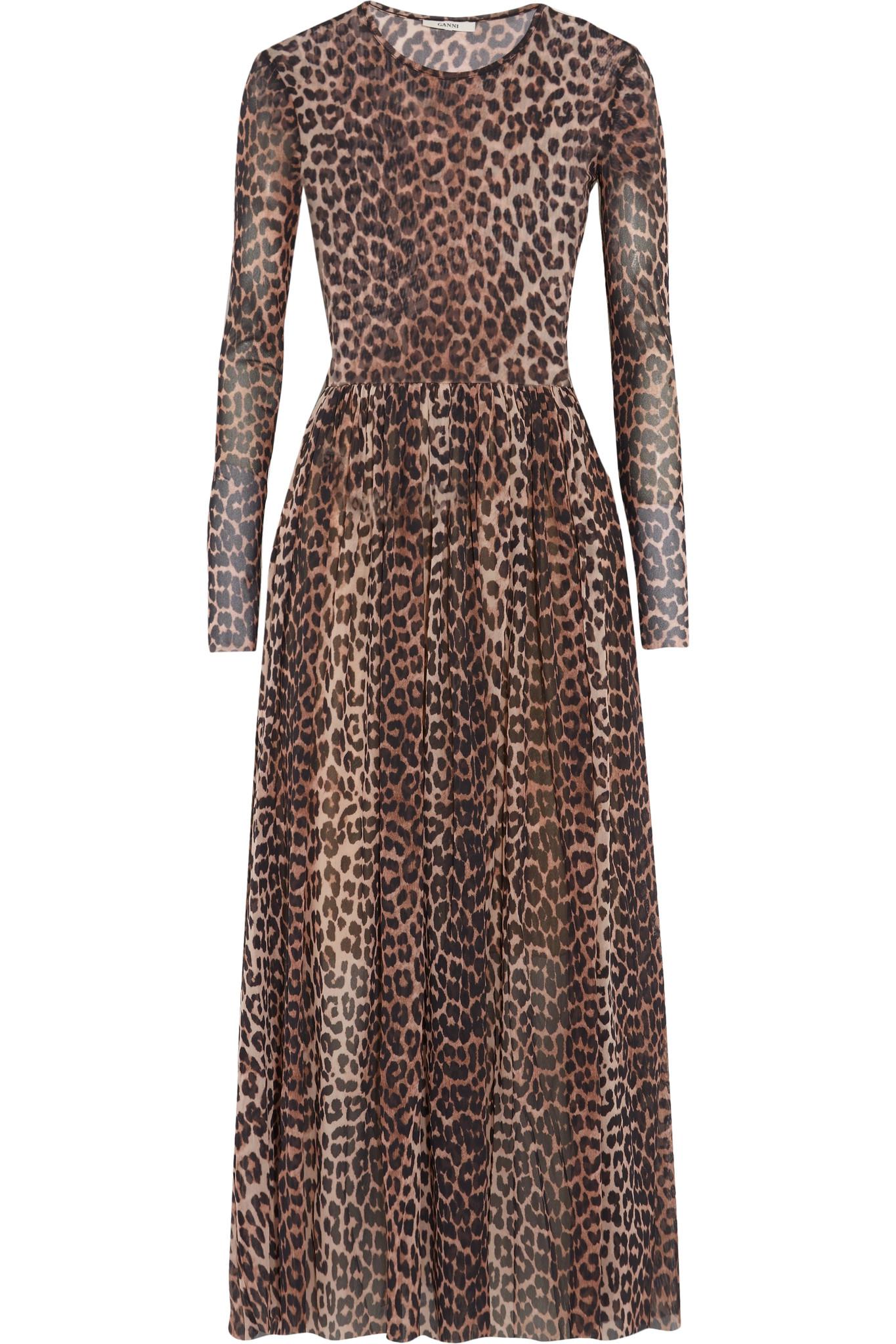 Lyst - Ganni Tilden Leopard-print Stretch-mesh Dress in Brown