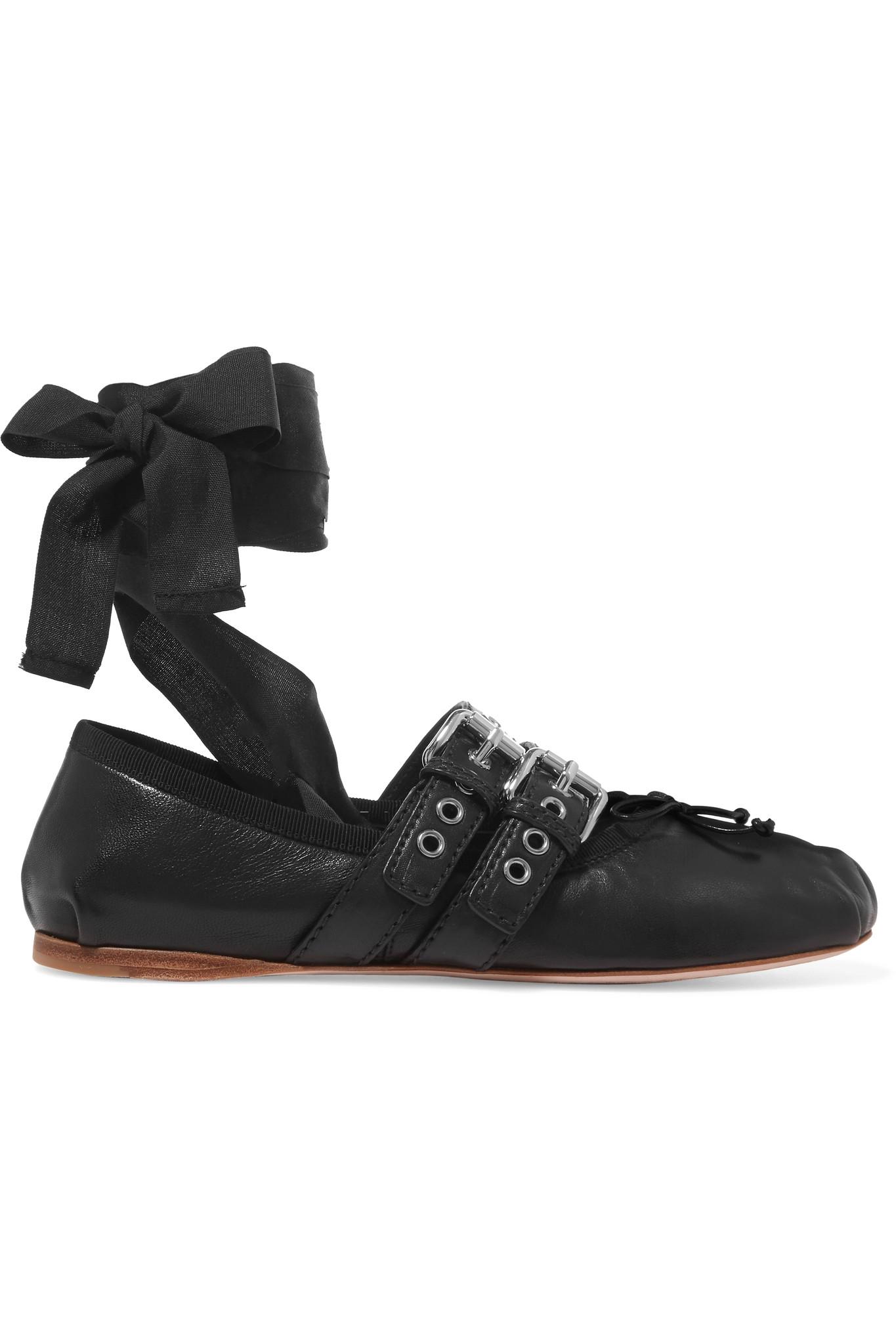 Miu miu Lace-up Leather Ballet Flats in Black | Lyst