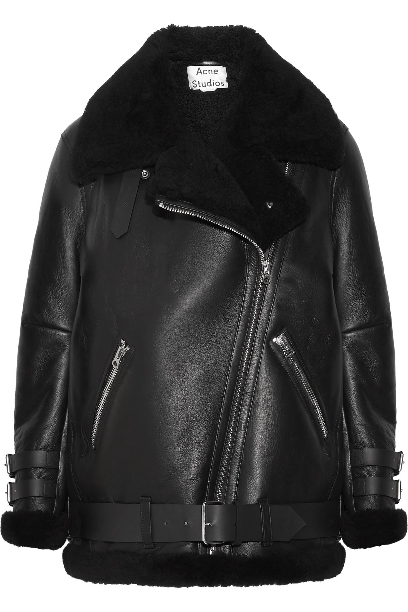 Acne Velocite Shearling Trimmed Leather Biker Jacket In Black Lyst Acne Studios Women S Black Velocite Shearling Trimmed Leather Biker Jacket