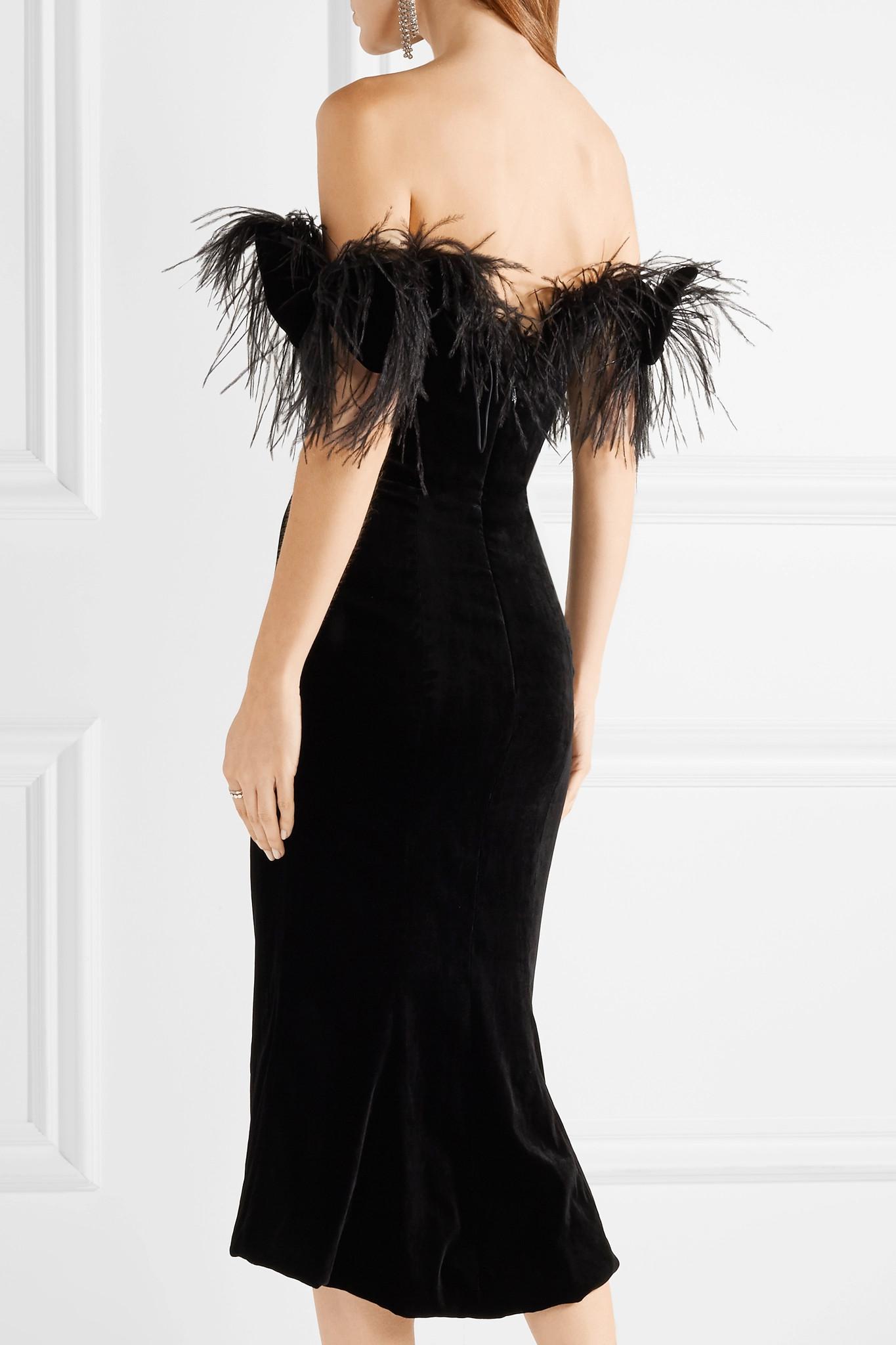 Marchesa Offtheshoulder Feathertrimmed Velvet Midi Dress in Black Lyst