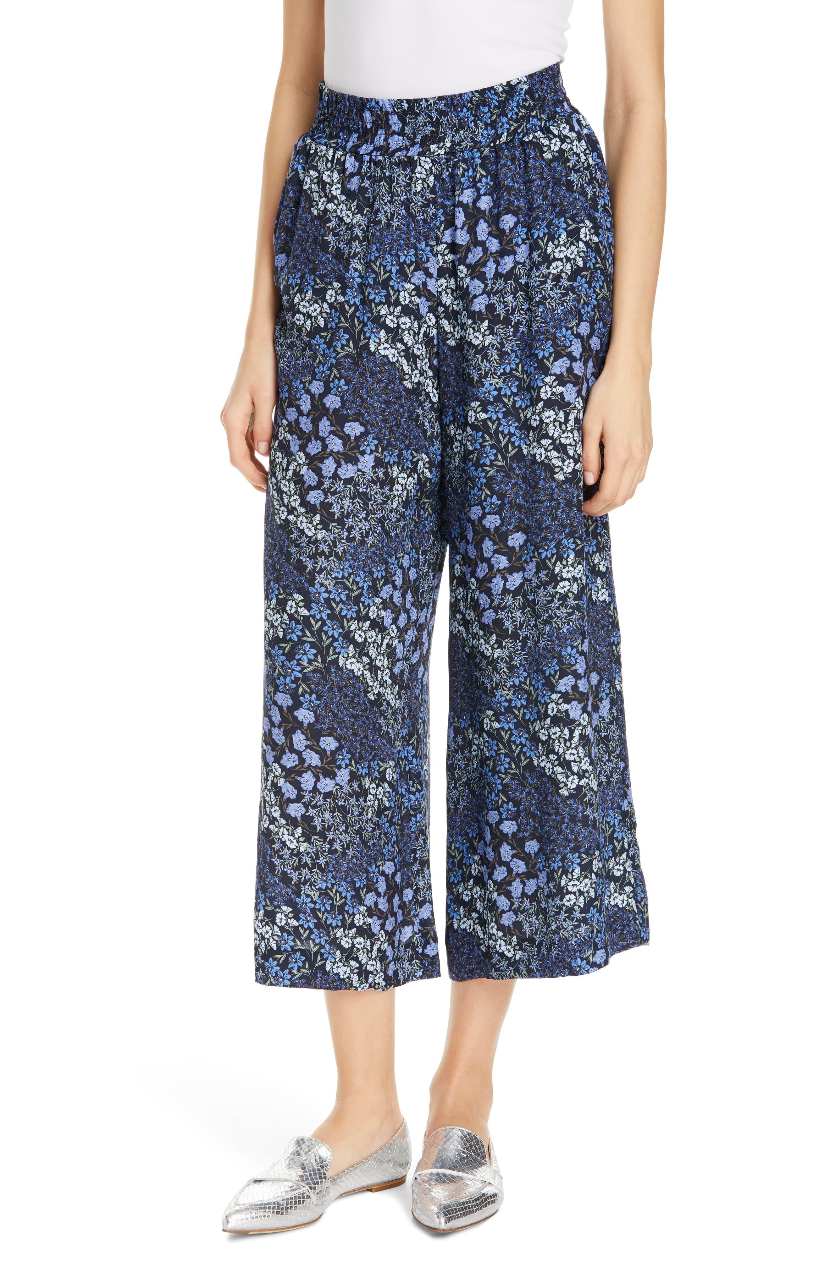 Rebecca Taylor Floral Wide Leg Crop Silk Pants in Blue - Lyst