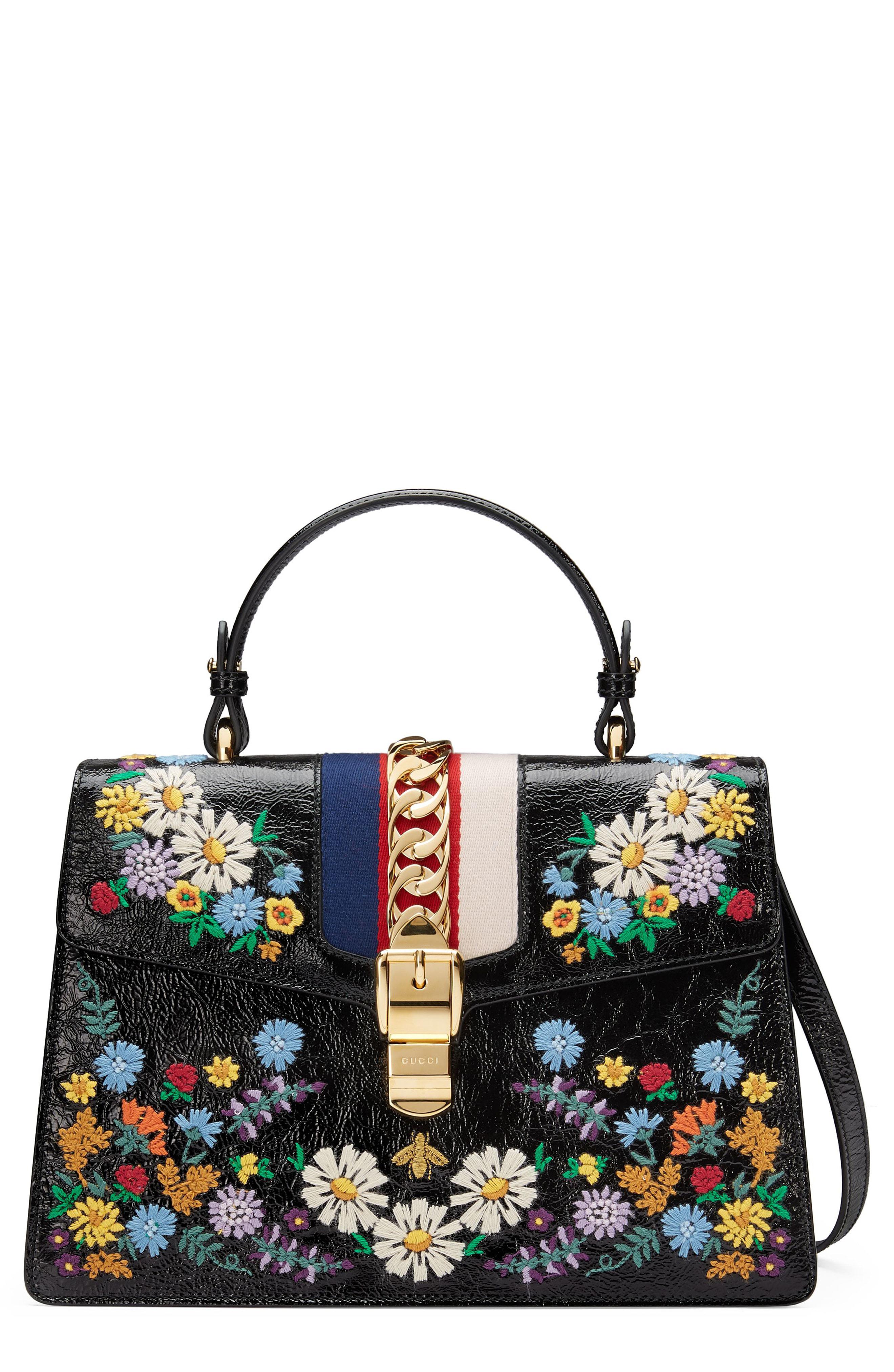 Lyst - Gucci Medium Sylvie Floral Embroidered Top Handle Leather ...