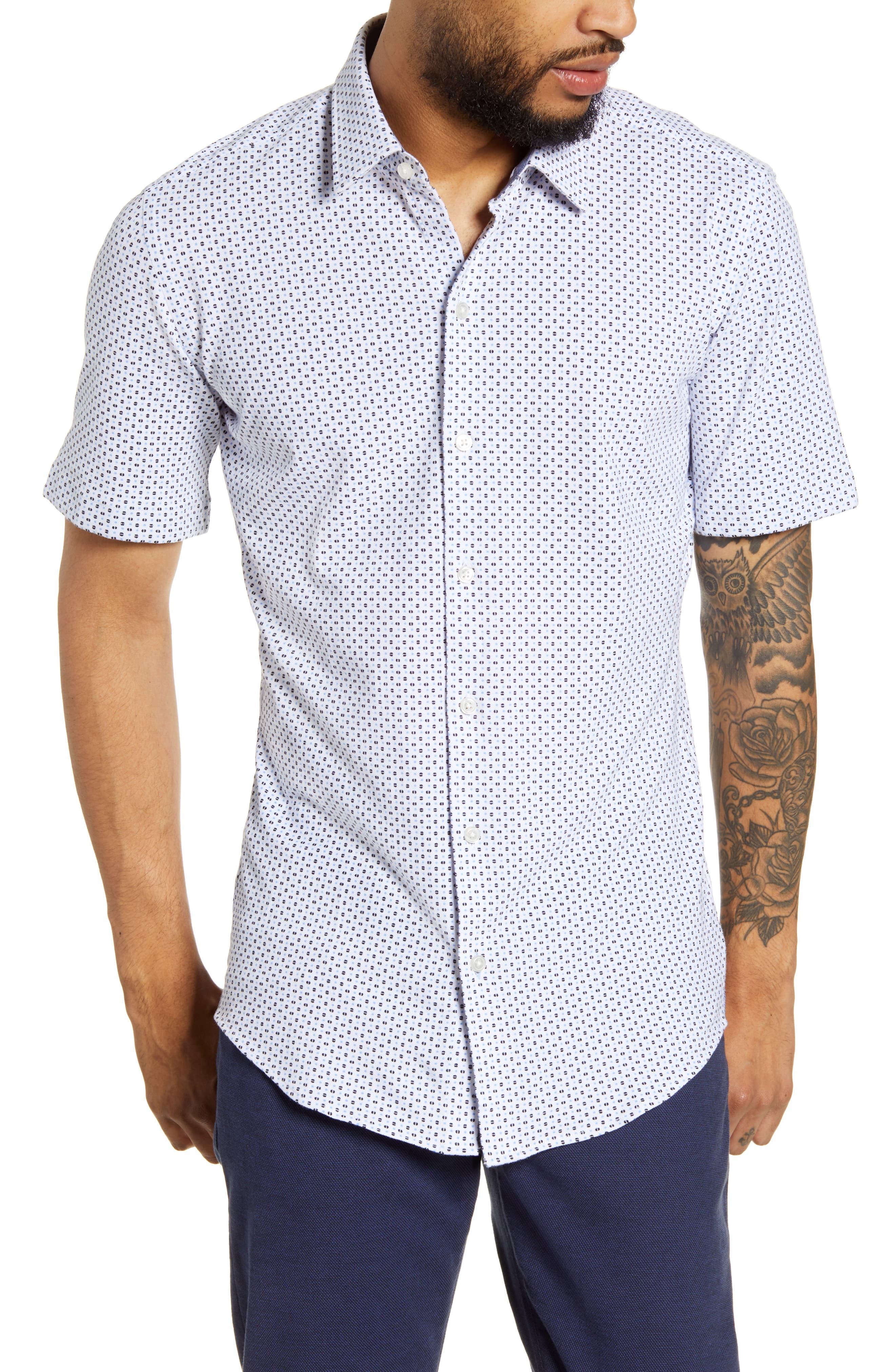 BOSS Cotton Robb Slim Fit Microdot Short Sleeve Button-up Shirt in Blue ...