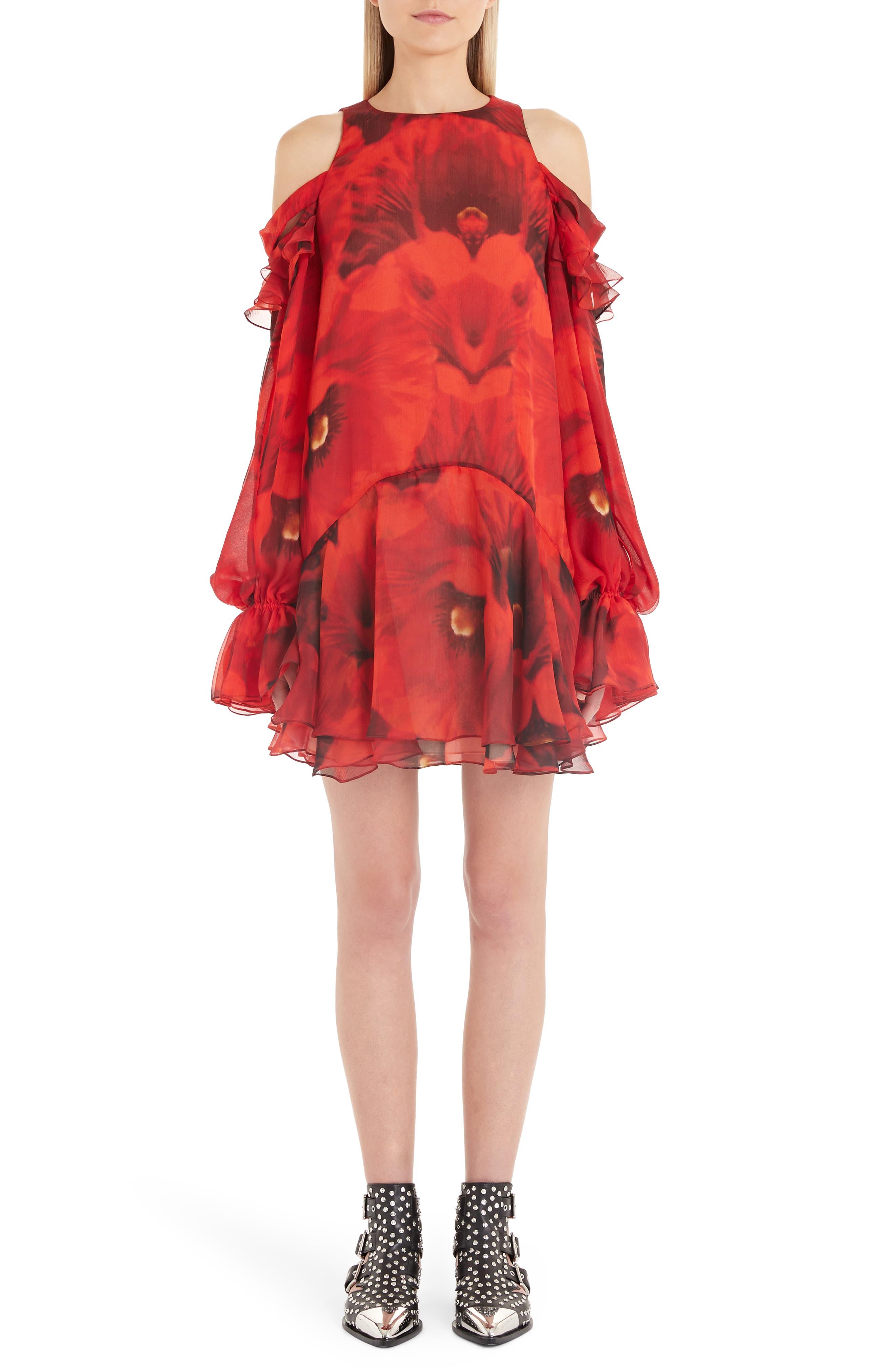 Alexander McQueen Poppy Print Cold Shoulder Silk Dress in