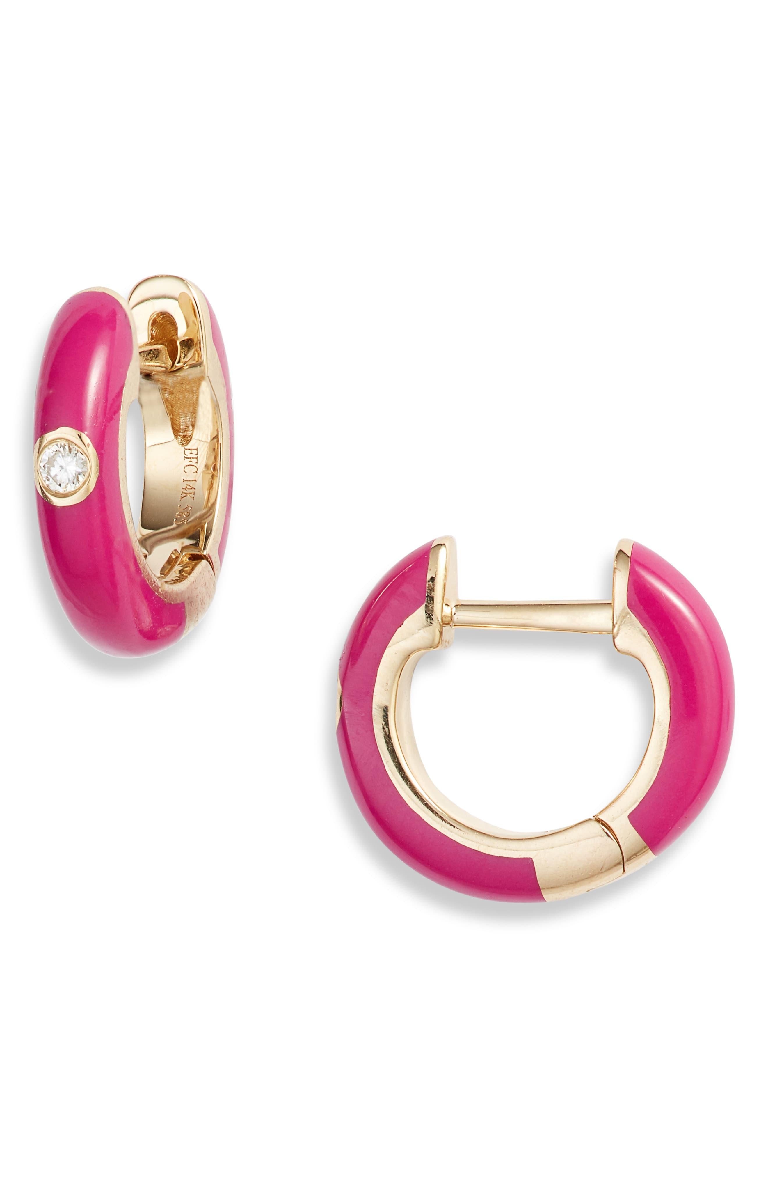 EF Collection Enamel Diamond Huggie Earrings in Pink Lyst