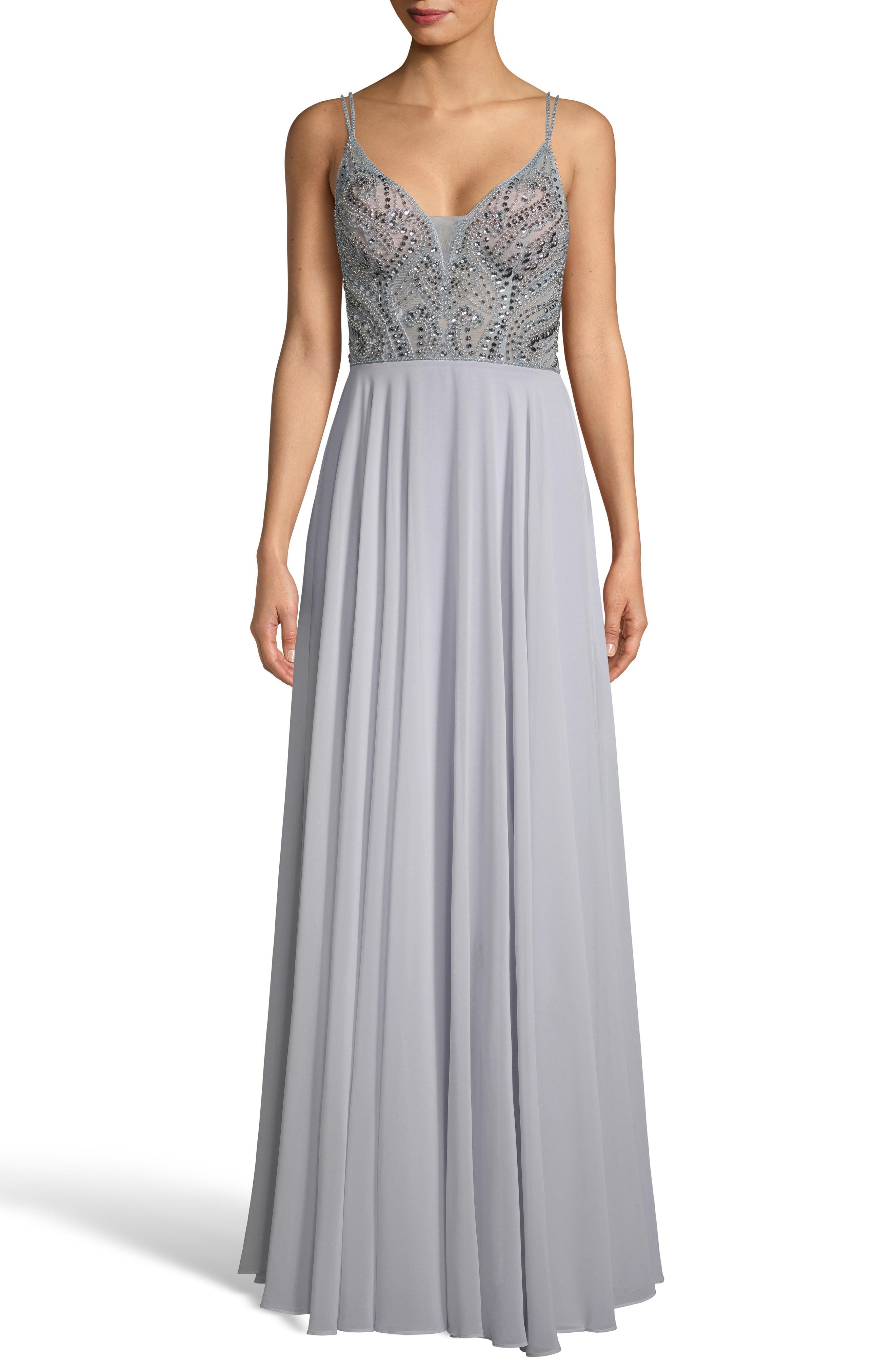 Lyst - Xscape Embellished Illusion Bodice V-neck Chiffon Evening Dress ...