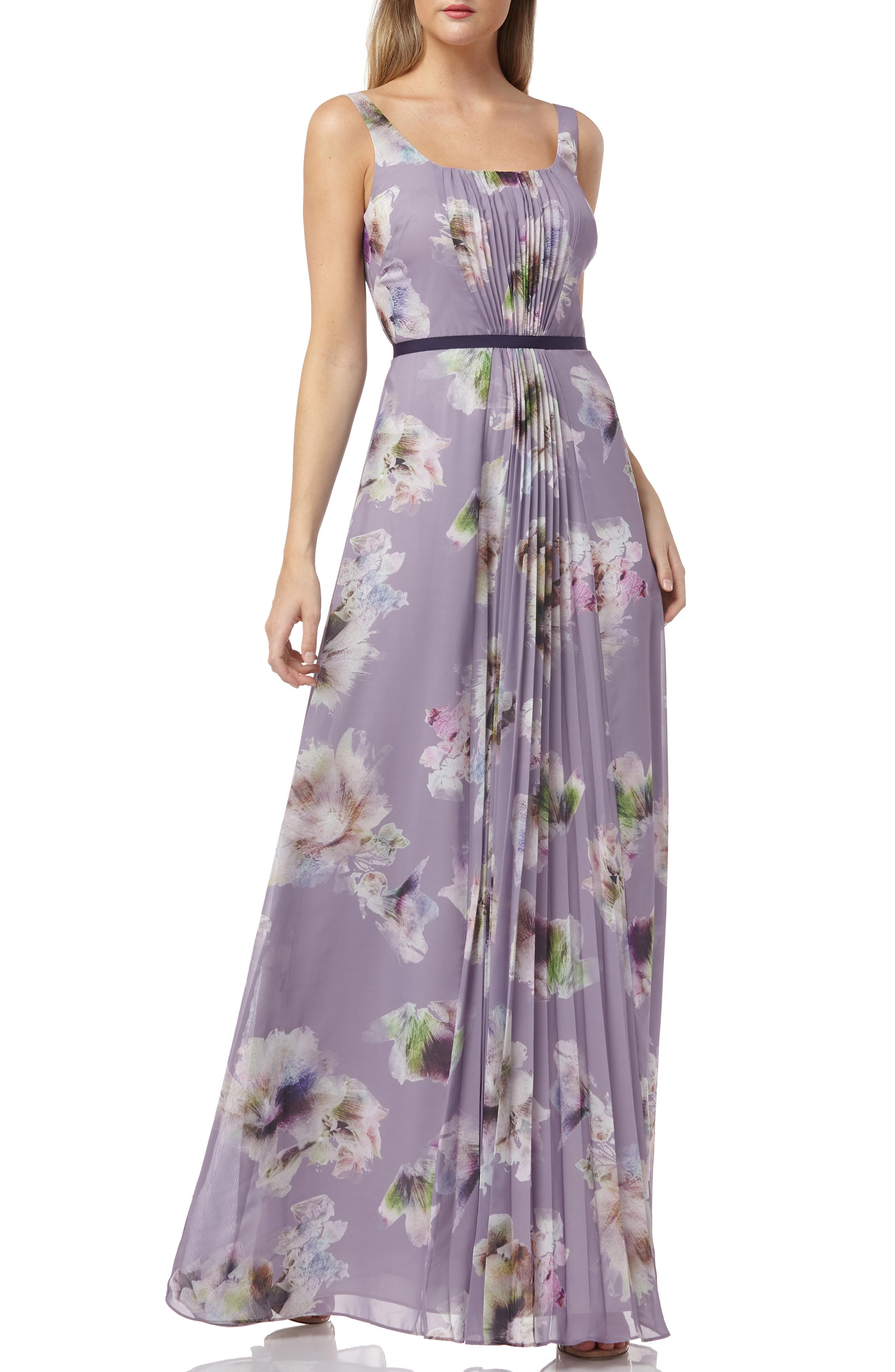 Lyst - Kay Unger Floral Print Pleated Chiffon Evening Dress In Purple