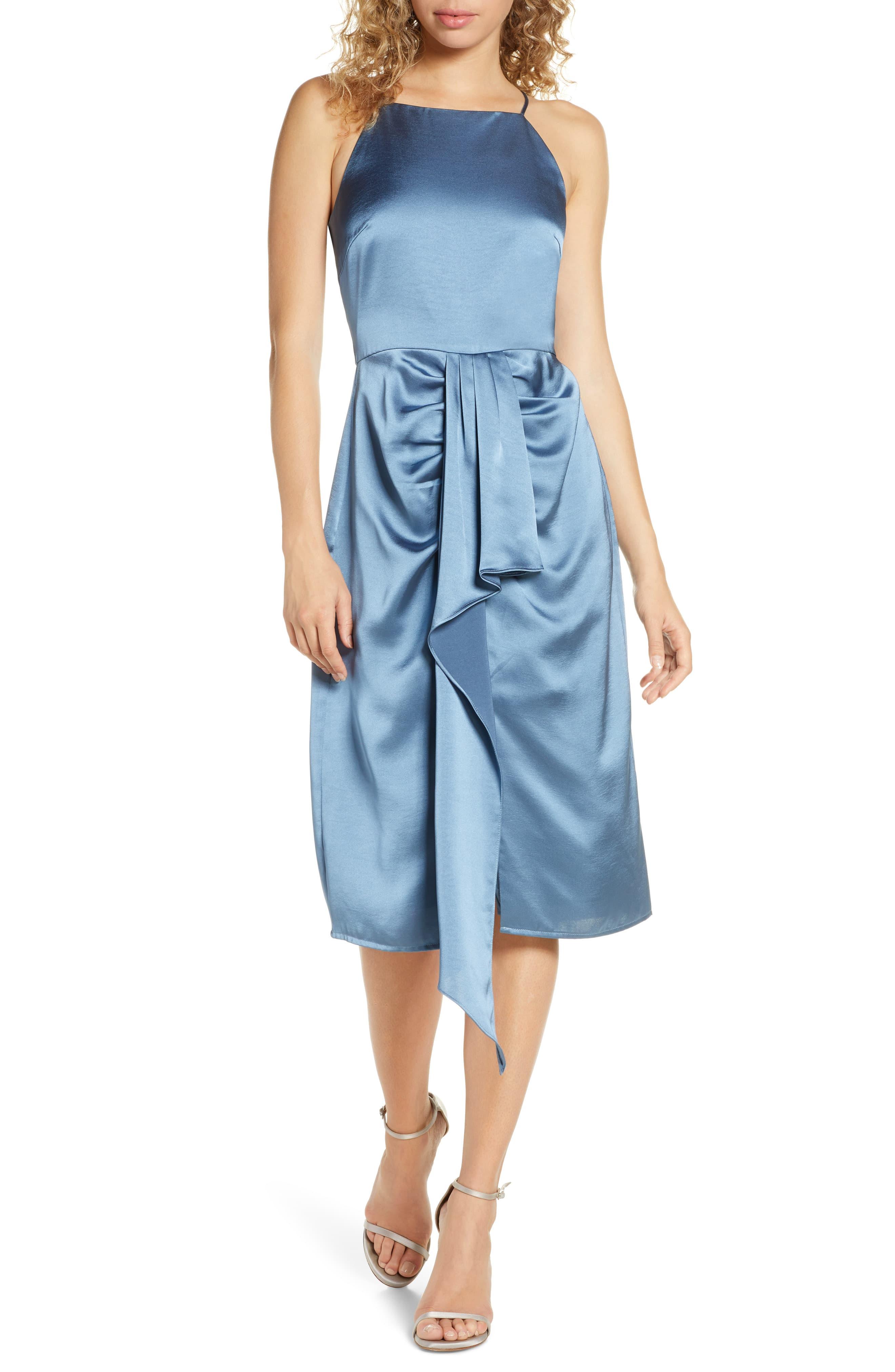 Harlyn Ruched Satin Midi Dress in Blue Lyst