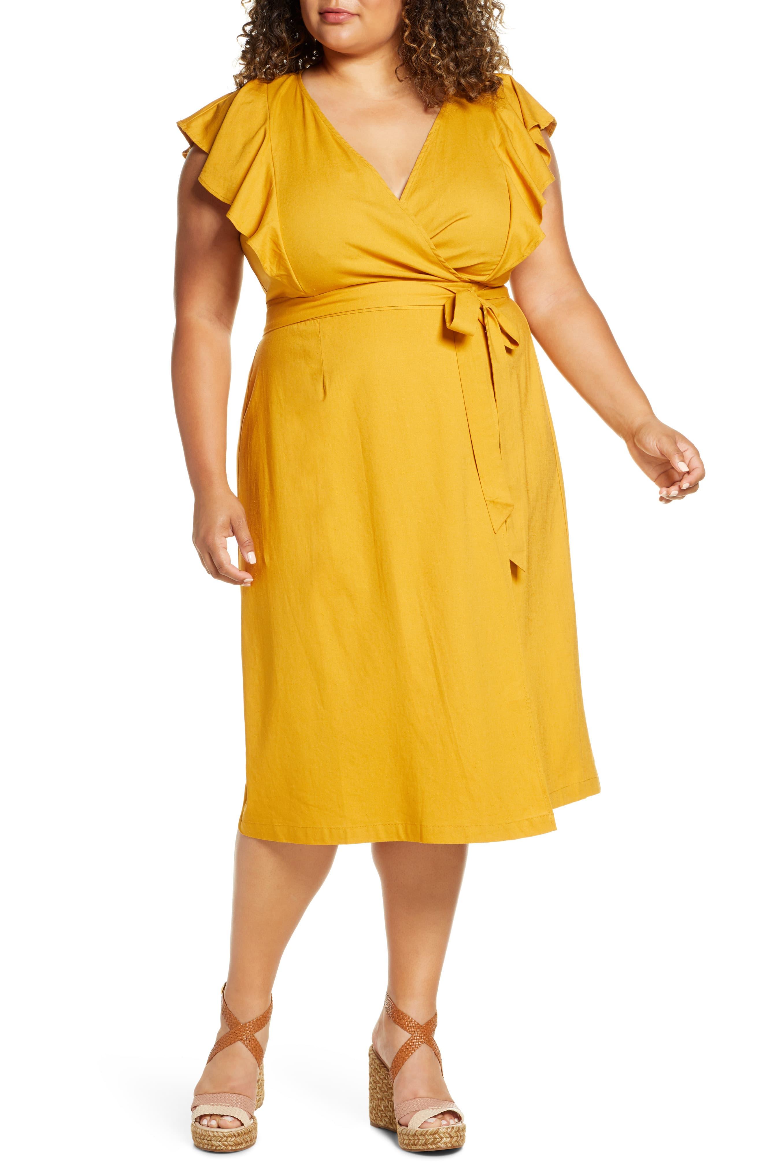 Eloquii Flutter Sleeve Wrap Dress in Yellow - Lyst