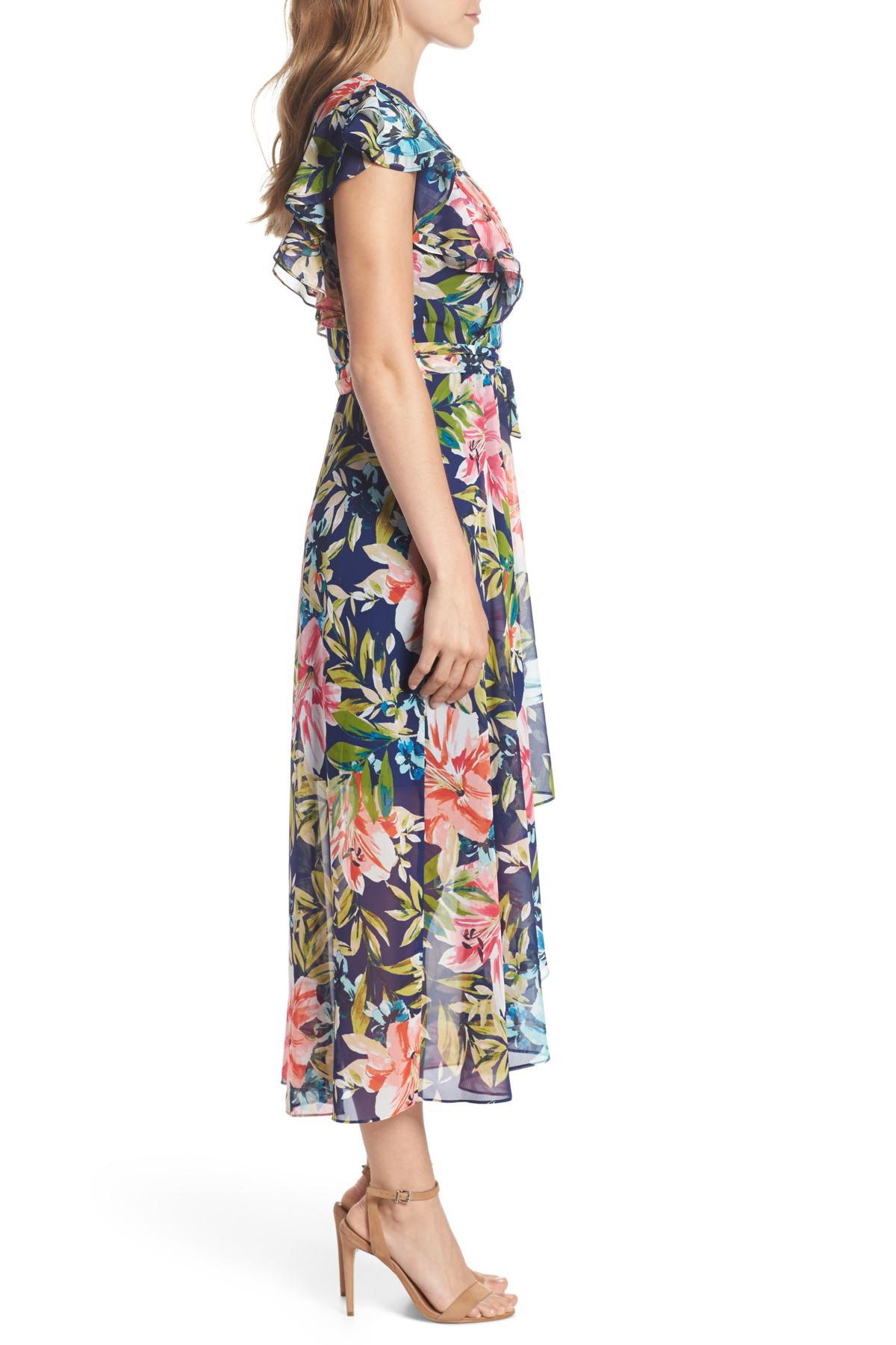Lyst - Eliza J Ruffle Floral Faux Wrap High/low Midi Dress (regular ...