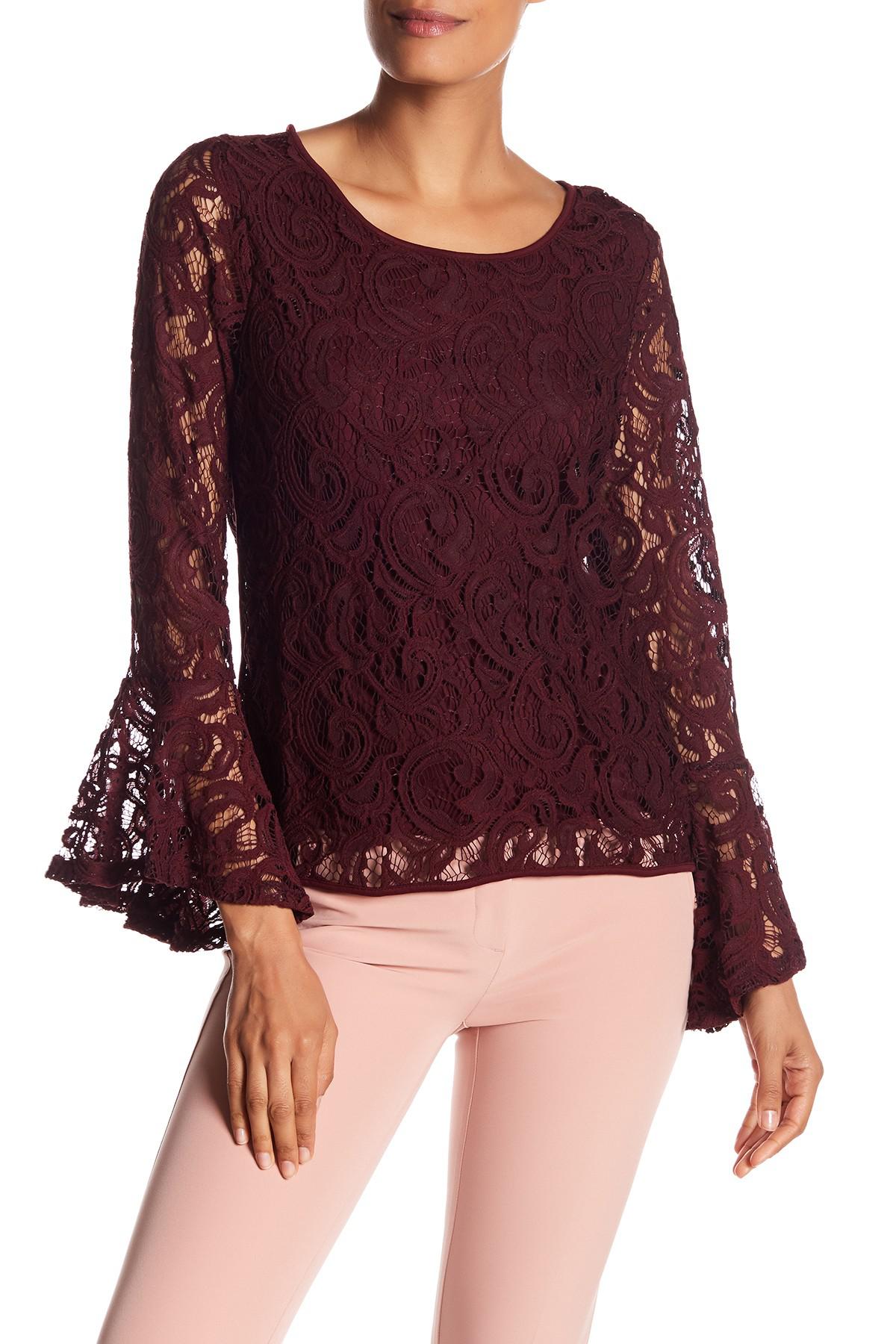 Adrianna Papell Lace Dramatic Bell Sleeve Blouse in Purple - Lyst