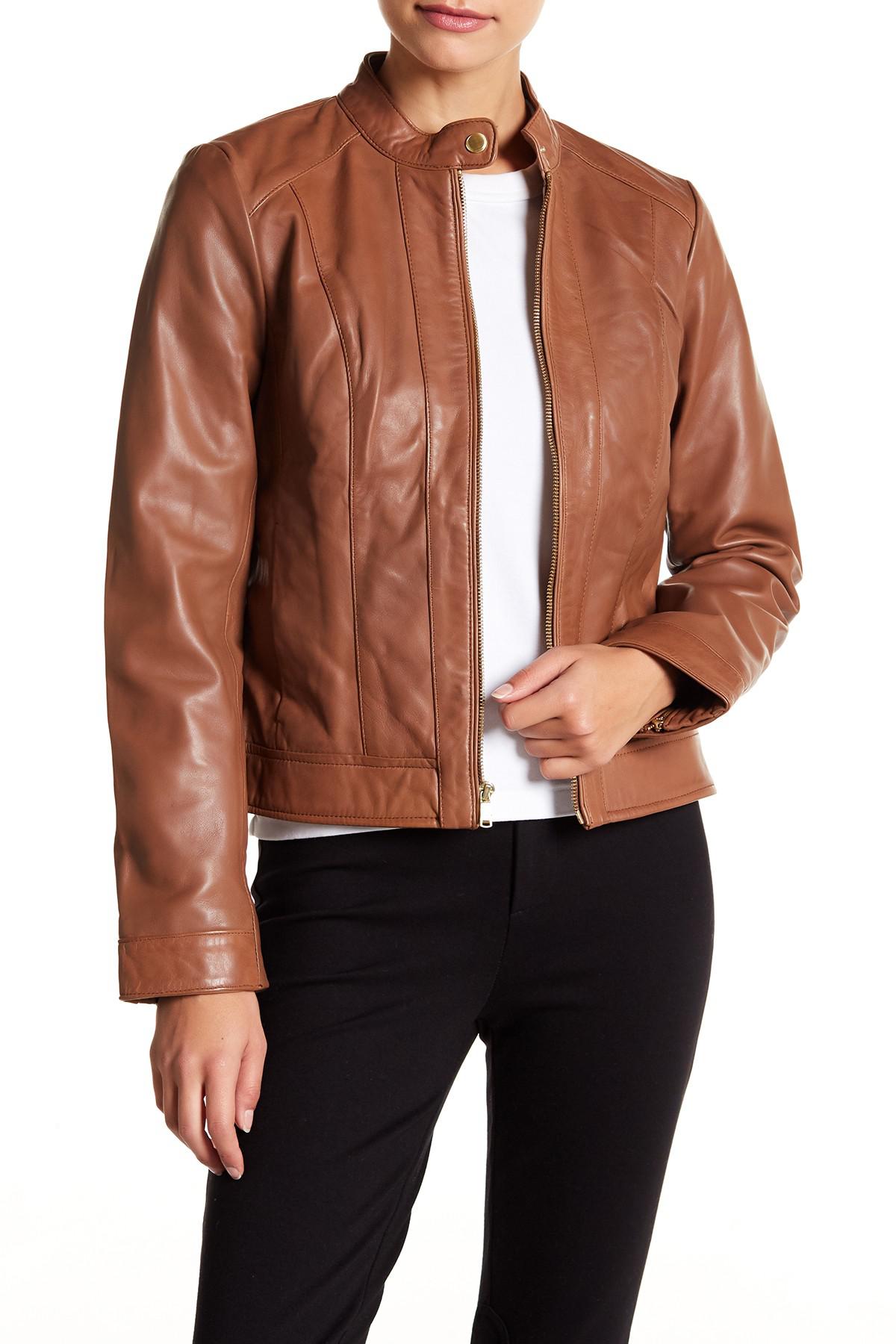 Lyst Cole Haan Front Zip Lamb Skin Leather Moto Jacket In Brown Cole Haan Women S Brown Front Zip Lamb Skin Leather Moto Jacket
