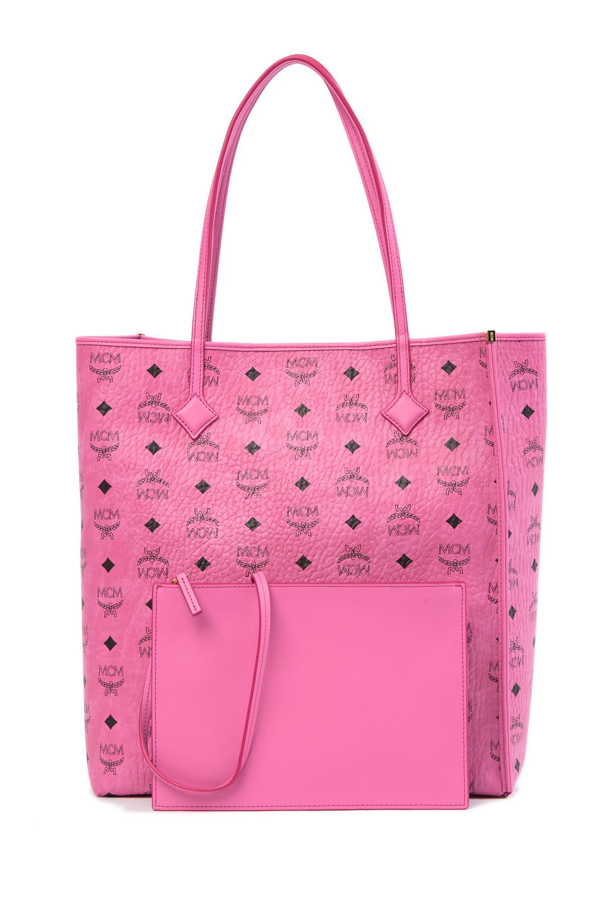 MCM Leather Monogrammed Shopper Tote in Pink - Lyst