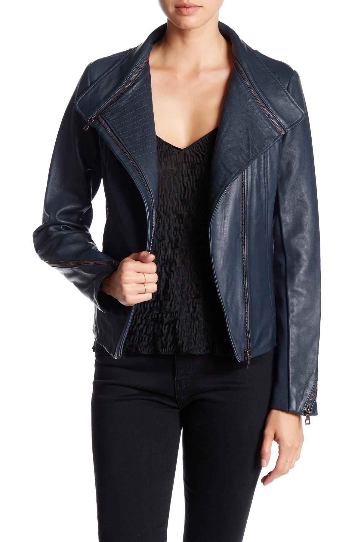 Lyst Sam Edelman Zip Off Collar Genuine Leather Moto Jacket In Blue Gallery