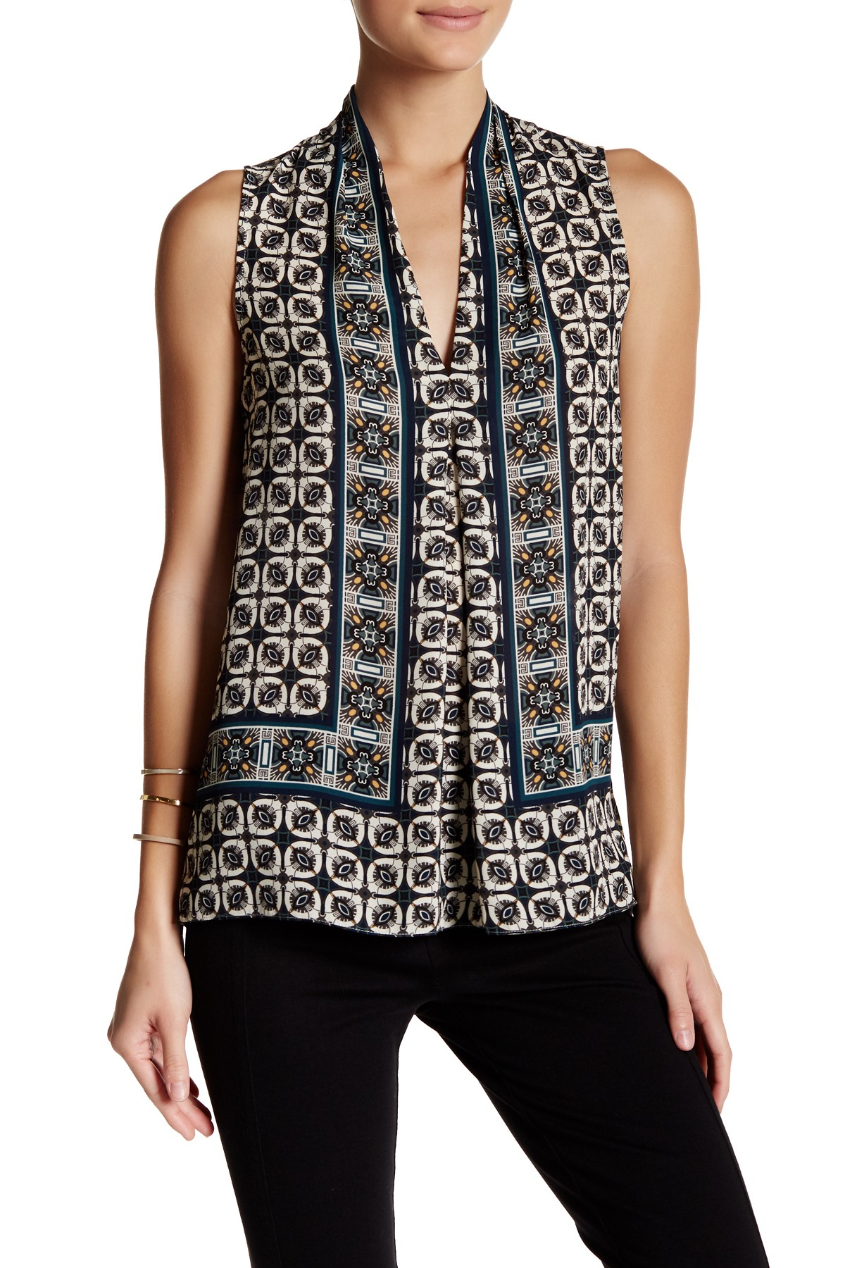 Sleeveless Printed V Neck Black Blouse