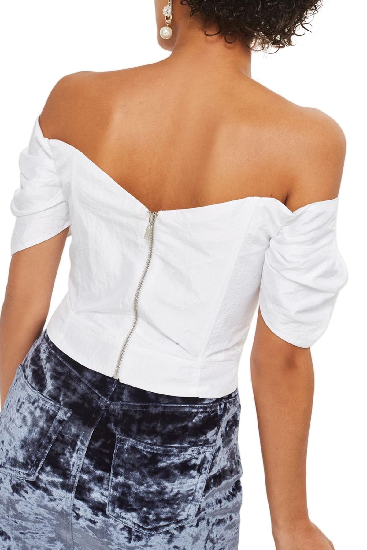 Lyst Puff Sleeve Taffeta Off The Shoulder Top in White