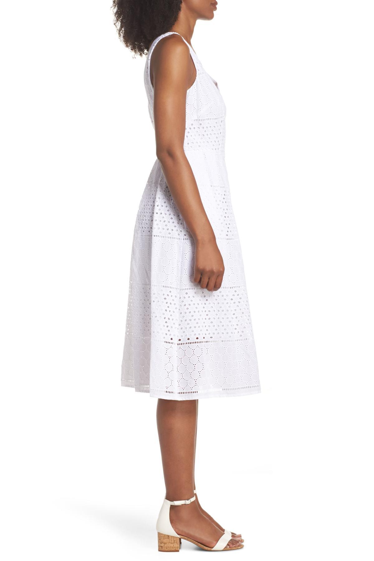 Lyst - Eliza J V-neck Cotton Eyelet Fit & Flare Dress (regular & Petite ...