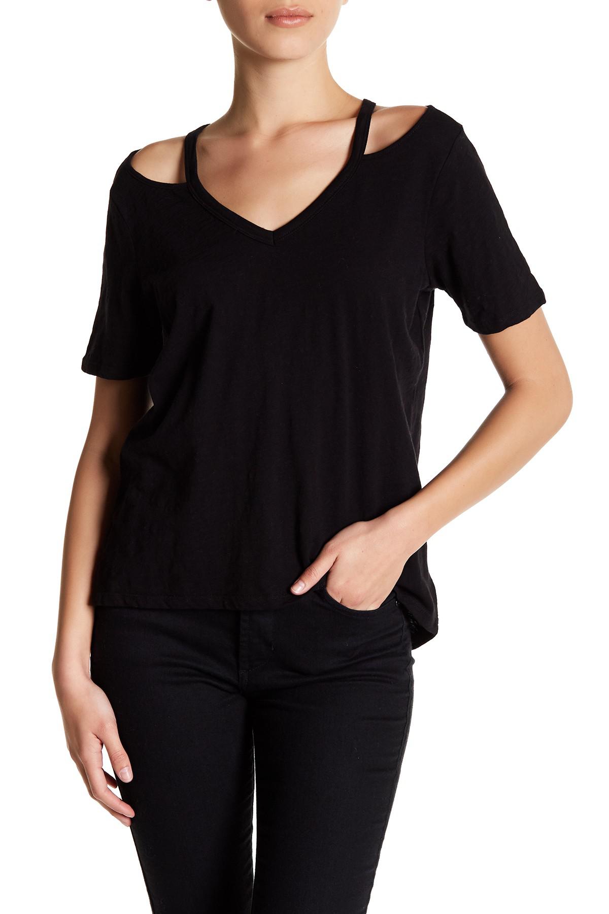 Lyst - Sanctuary V-neck Off The Shoulder Cut Out Tee (petite) in Black
