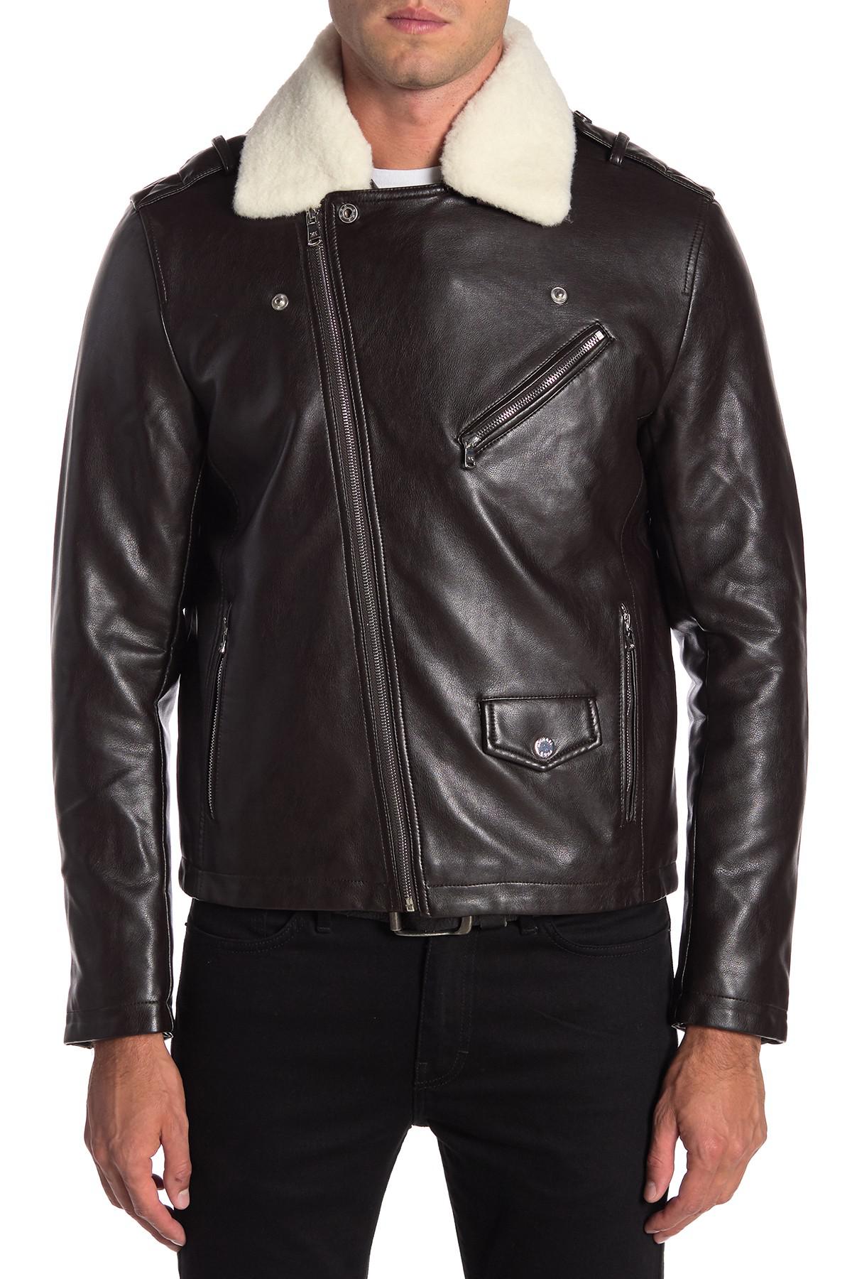Lyst Michael Kors Webster Waxy Faux Fur Moto Jacket In Brown For Men Gallery