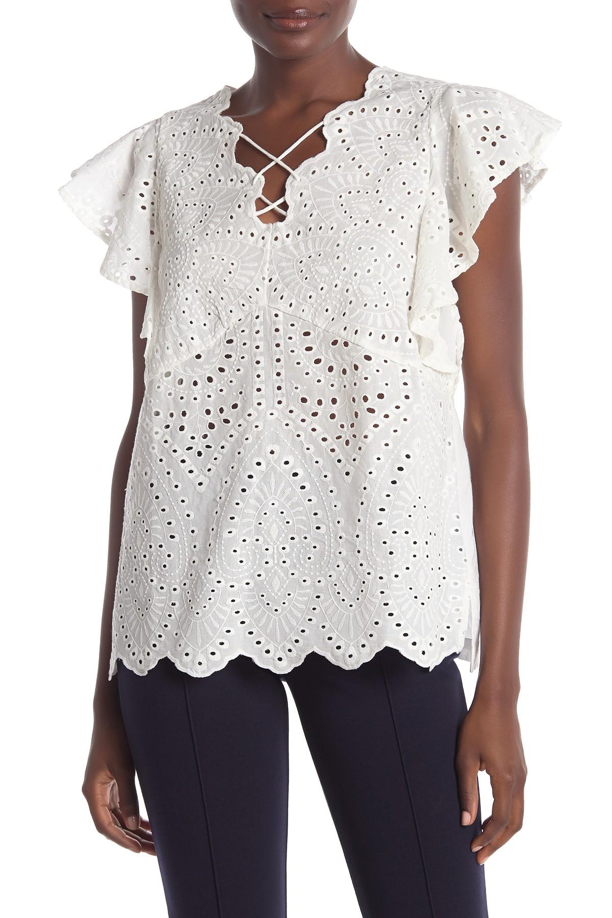 Laundry by Shelli Segal Flutter Sleeve Laceup Eyelet Detailed Blouse