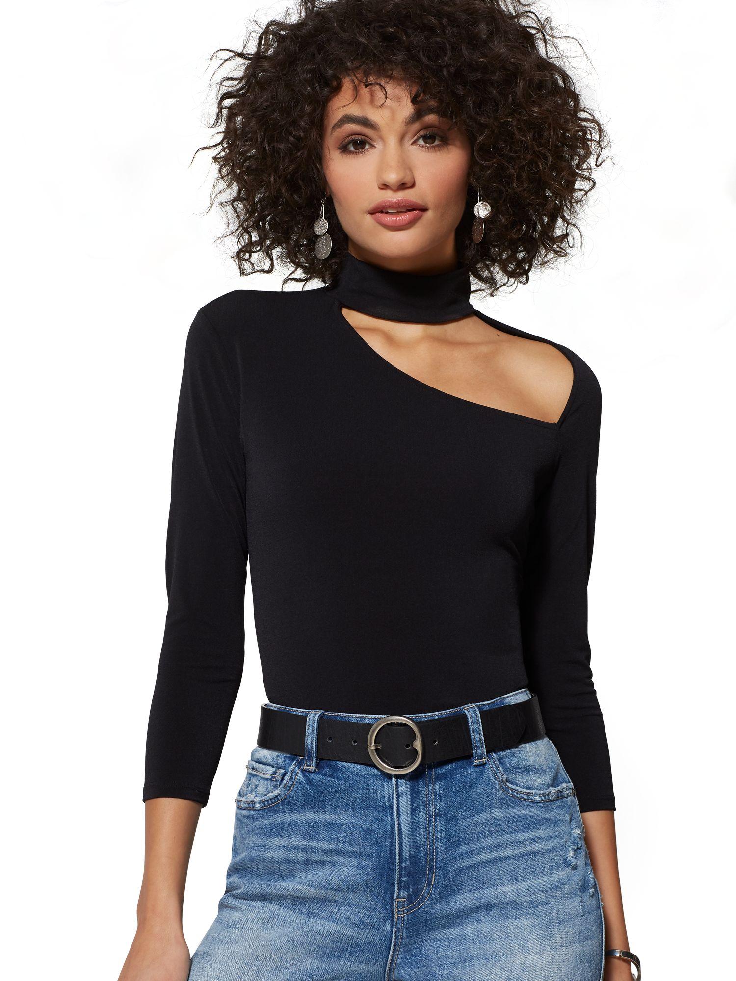 Download Lyst - New York & Company Black Cutout Mock-neck Top in Black