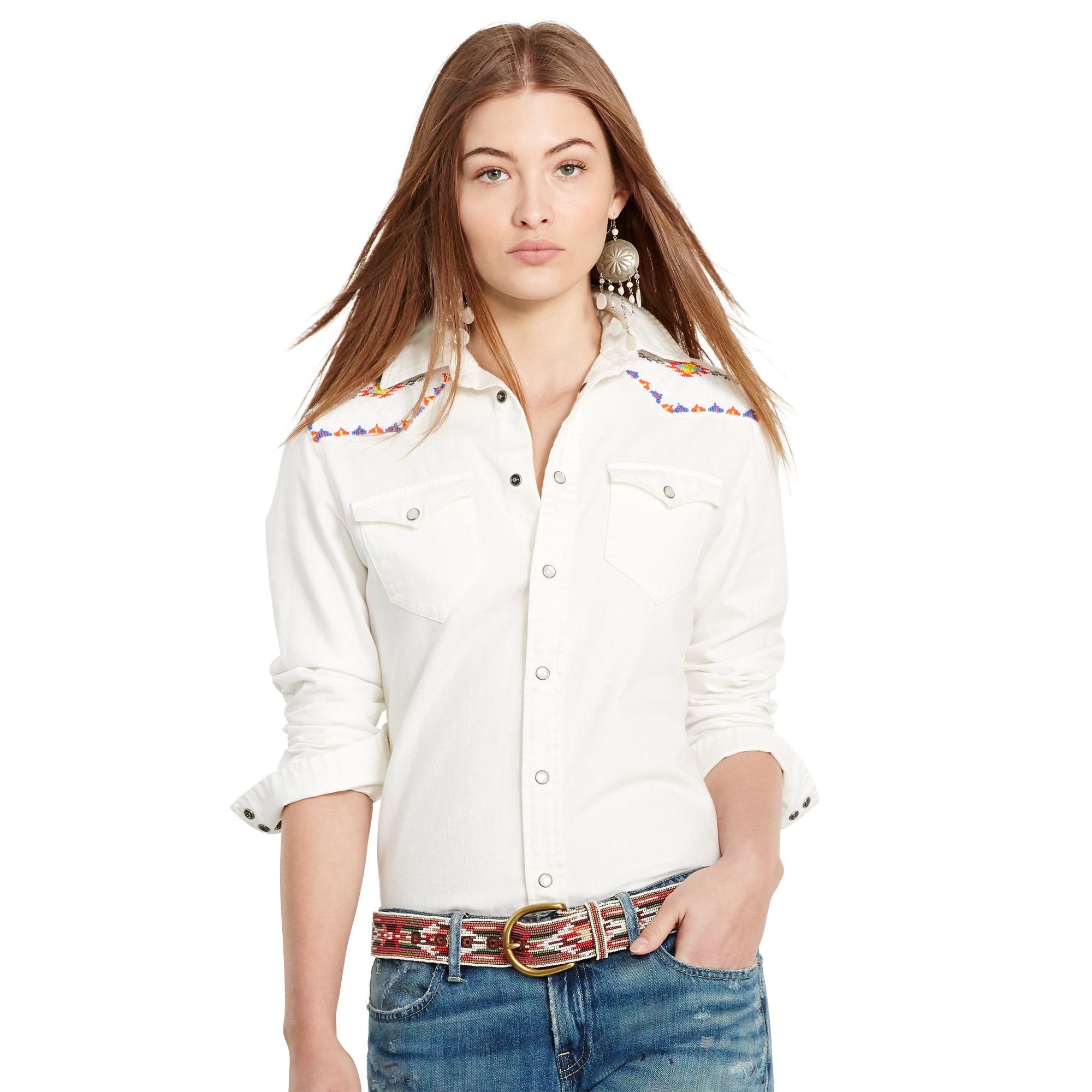 Polo ralph lauren Beaded Denim Western Shirt in White - Save 41% | Lyst