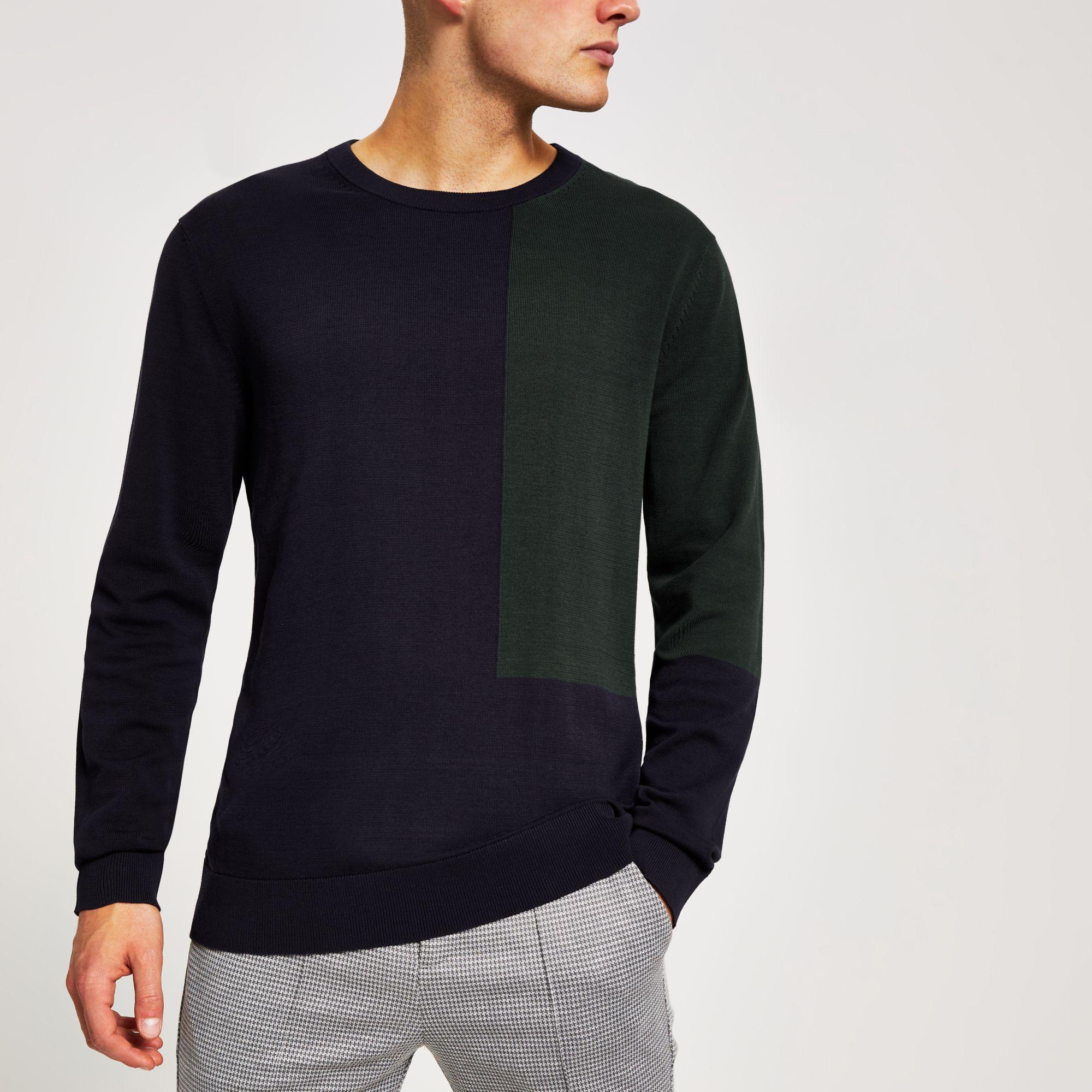 River Island Cotton Selected Homme Navy Colour Block Jumper in Blue for