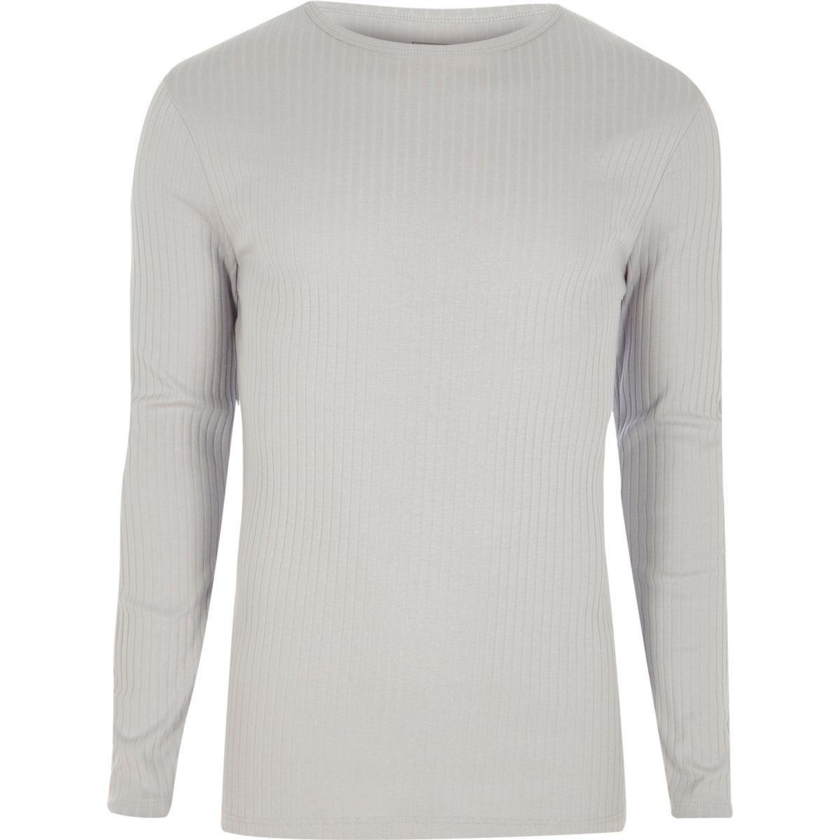 River island Light Grey Ribbed Slim Fit T-shirt Light Grey Ribbed Slim ...