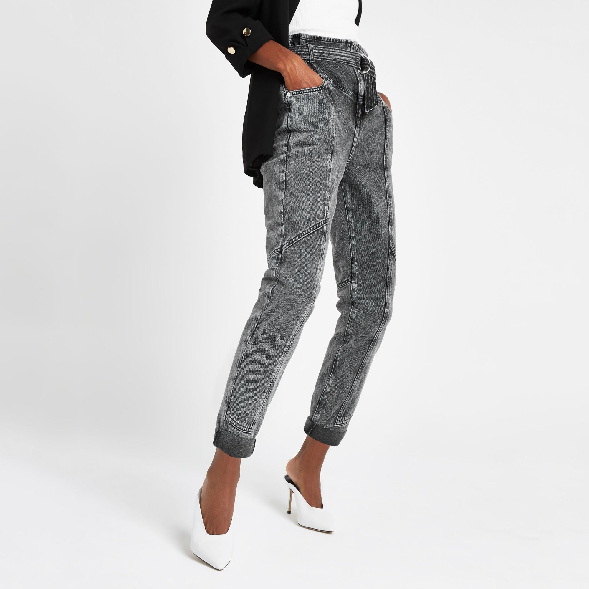 River Island Denim Paperbag Waist Utility Jeans in Grey (Gray) - Lyst