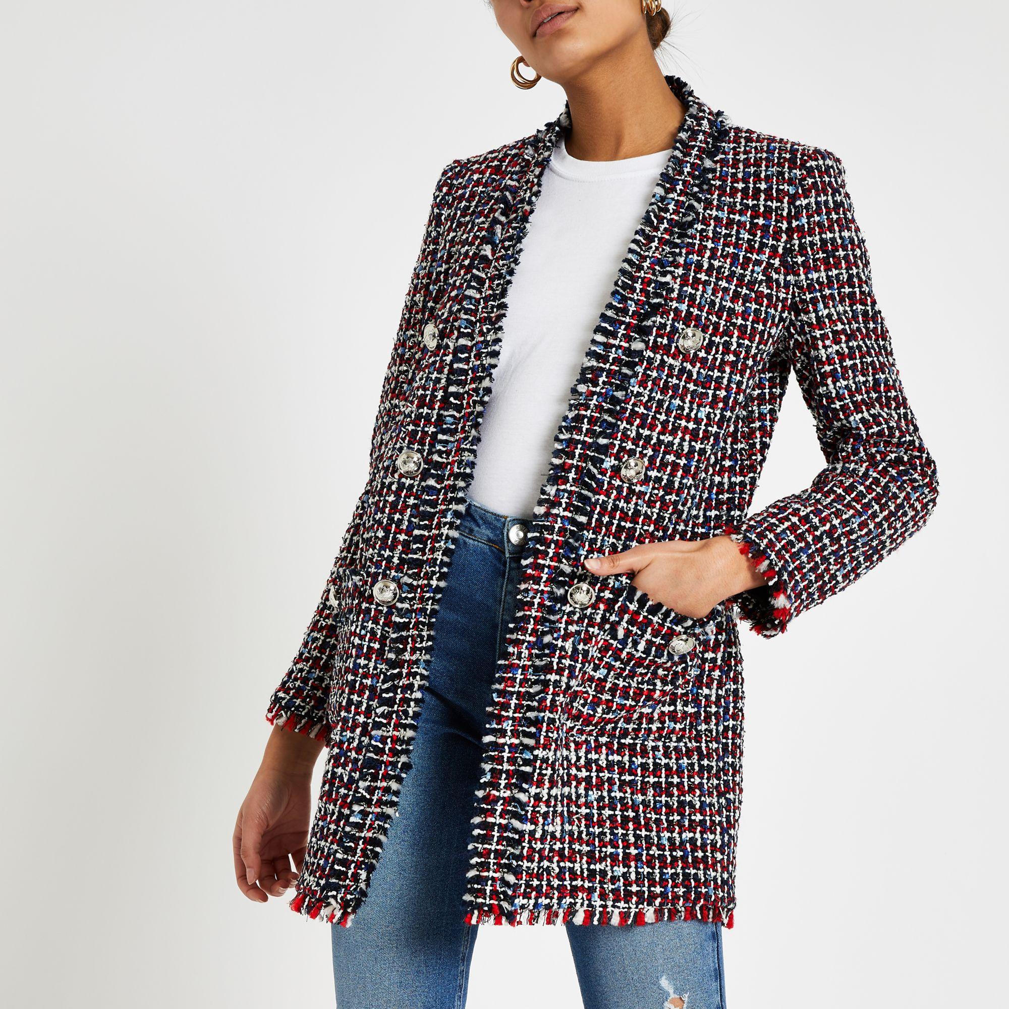 Lyst - River Island Check Boucle Long Line Blazer in Red