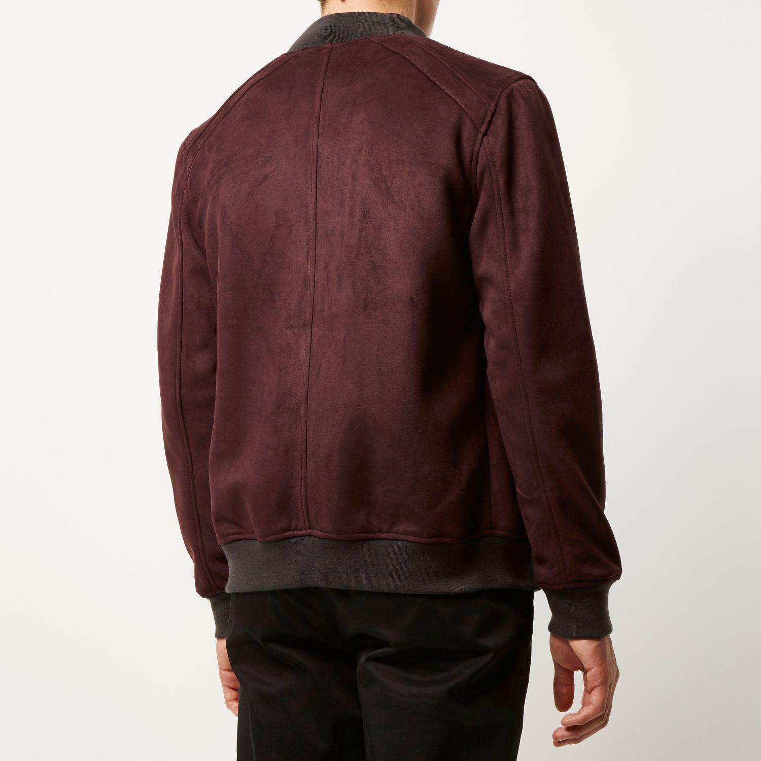 Lyst - River island Dark Red Faux-suede Bomber Jacket in Red for Men