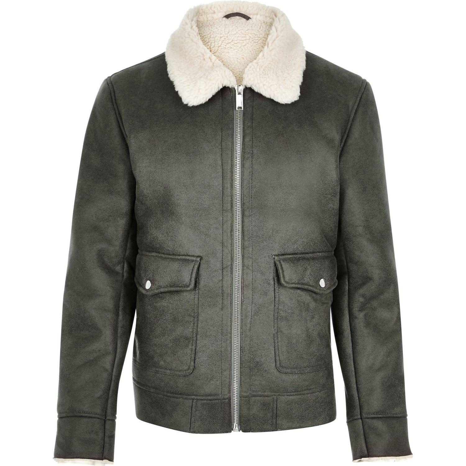 River island Grey Shearling Collar Jacket in Grey for Men - Save 40% | Lyst
