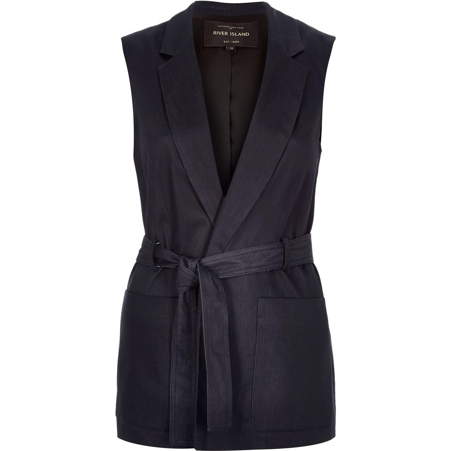  River  island  Navy Denim Sleeveless  Belted  Jacket in Blue 