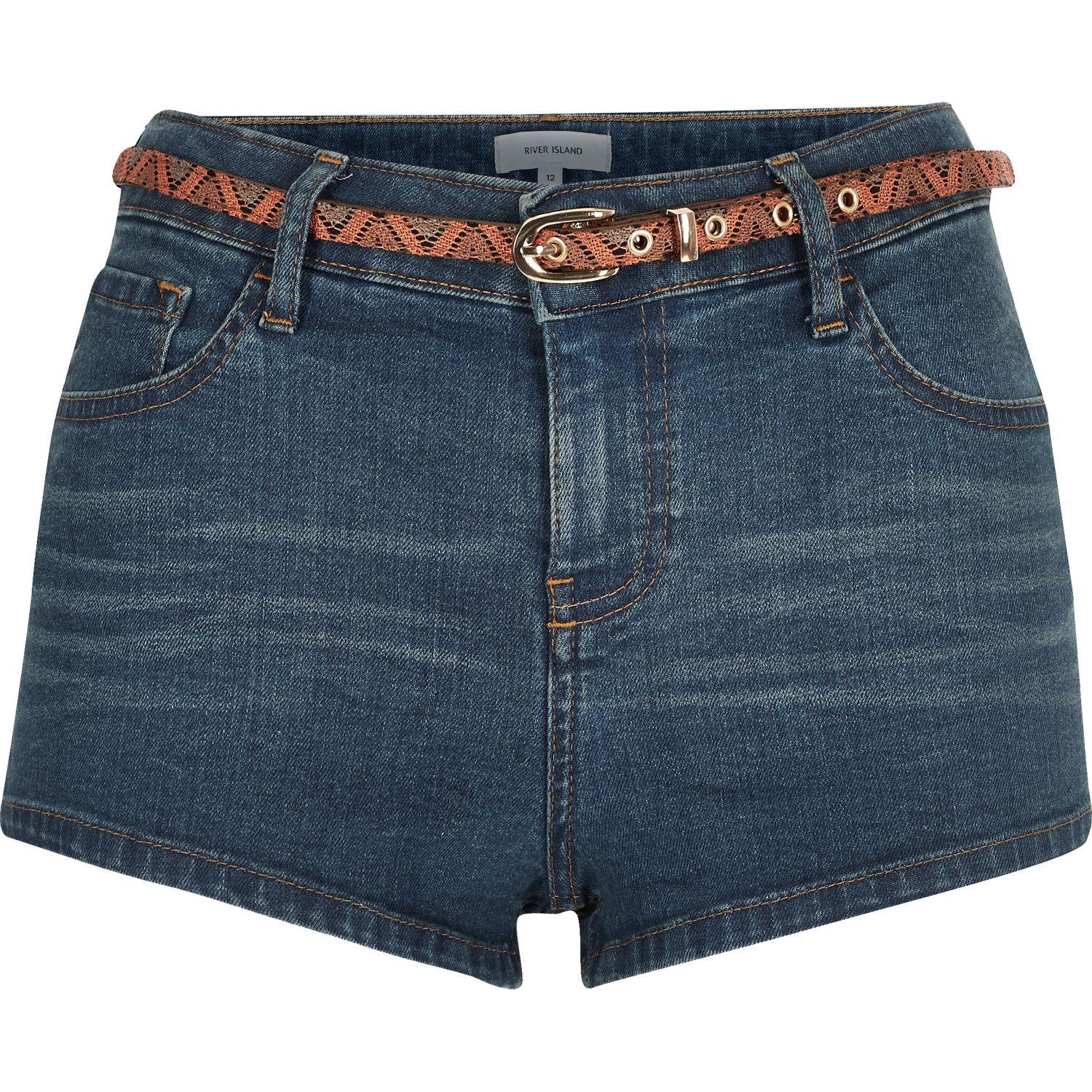 Lyst - River Island Mid Wash Denim Belted Hotpant Shorts in Blue