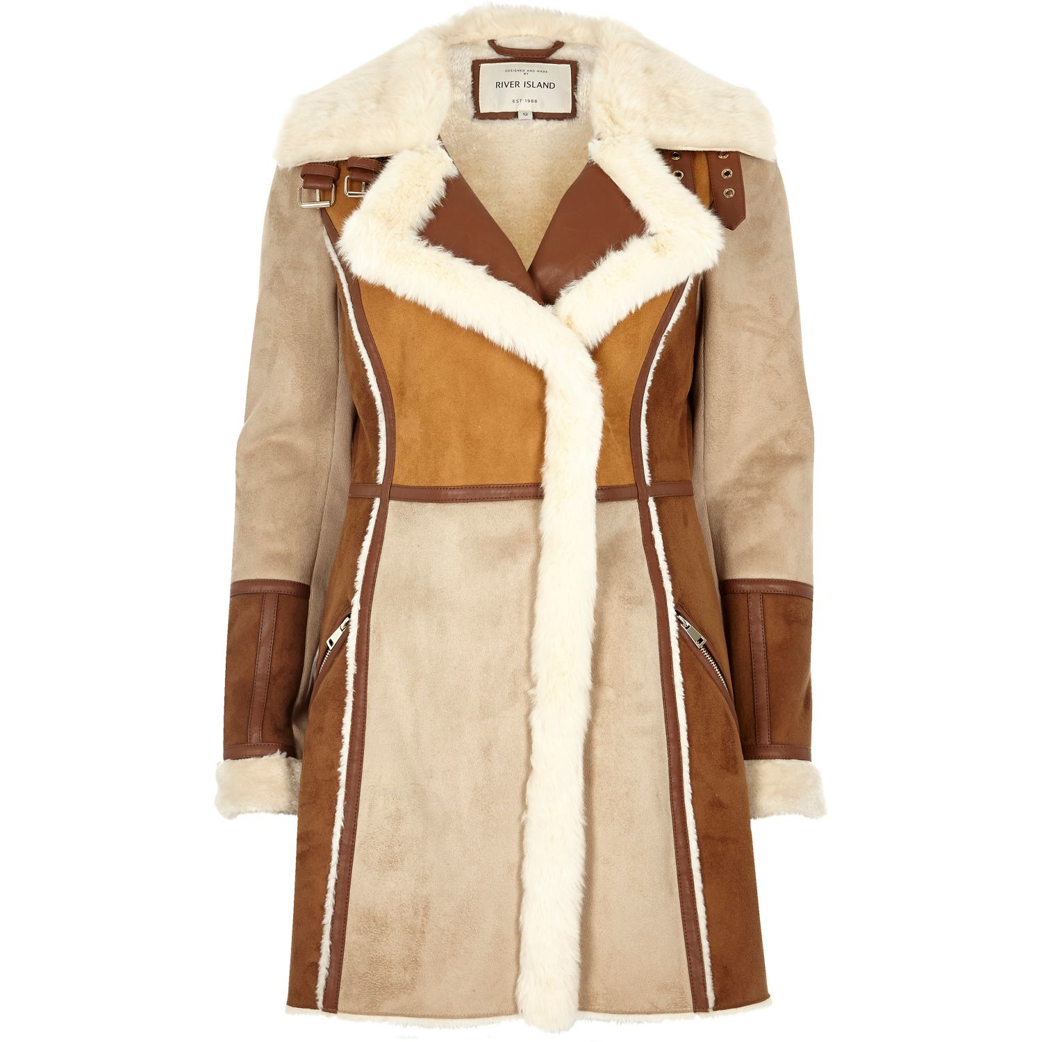 Lyst River Island Tan Faux Suede Panel Shearling Coat in Brown