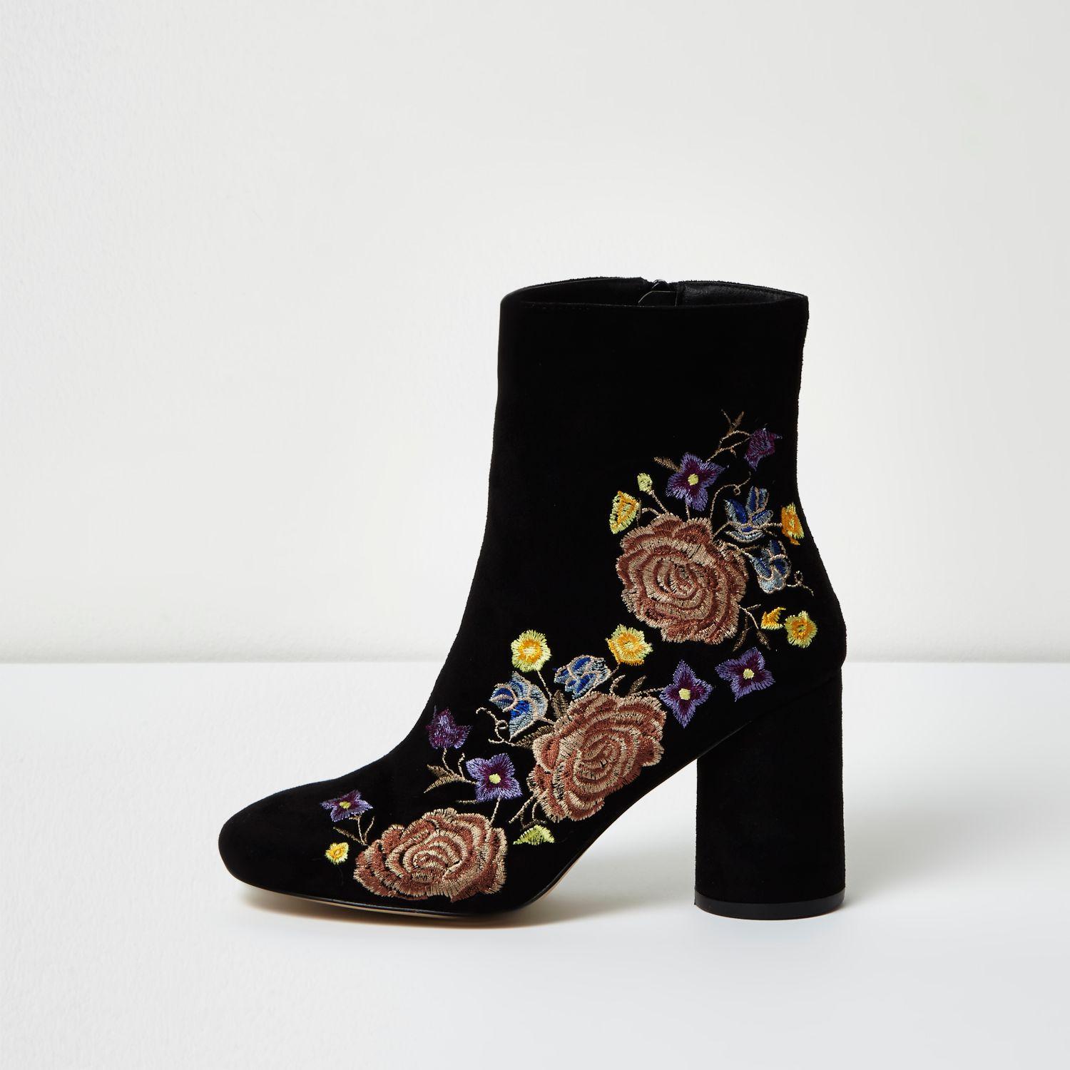 River island Black Embroidered Floral Ankle Boots in Black | Lyst