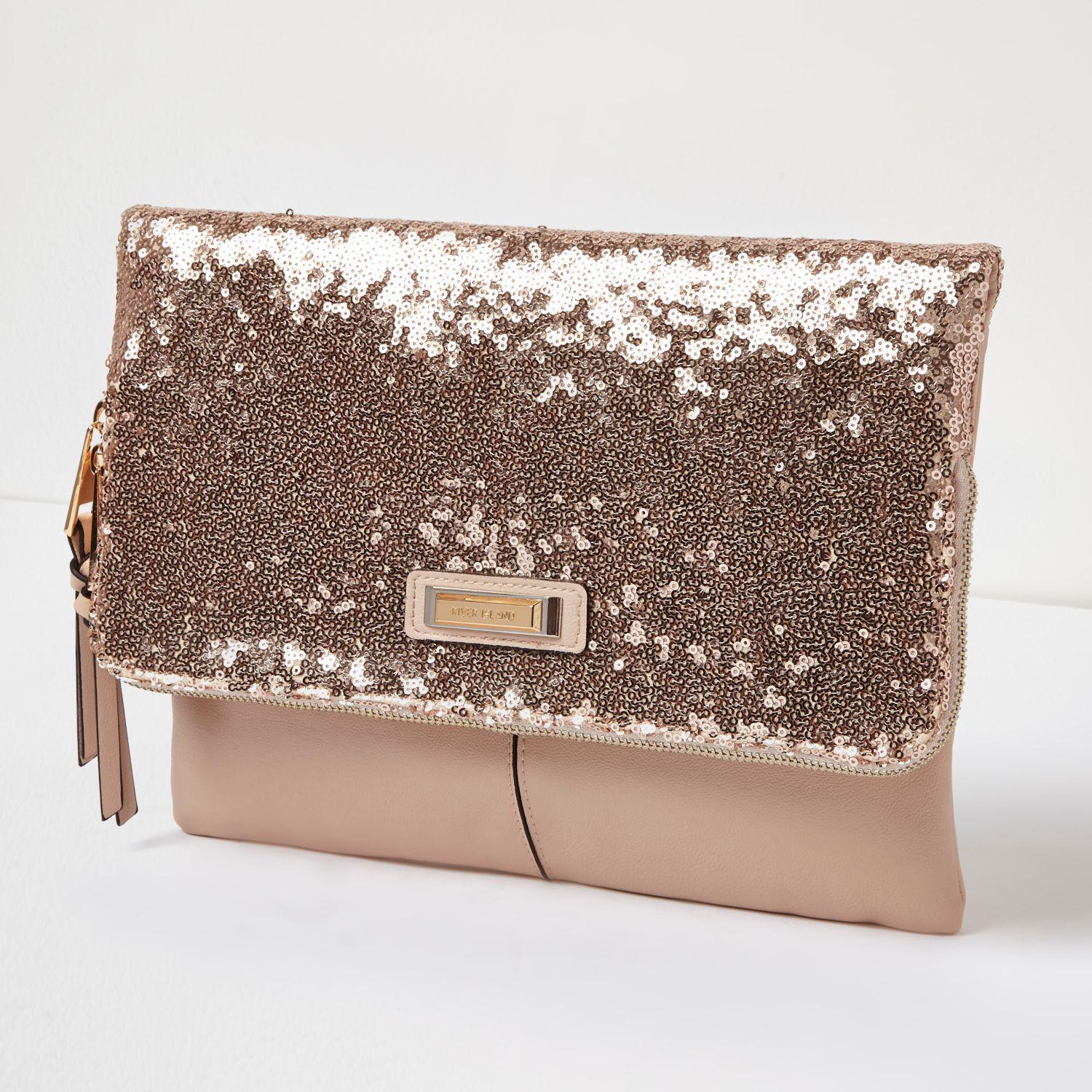 Lyst - River Island Rose Gold Sequin Fold Over Clutch Bag