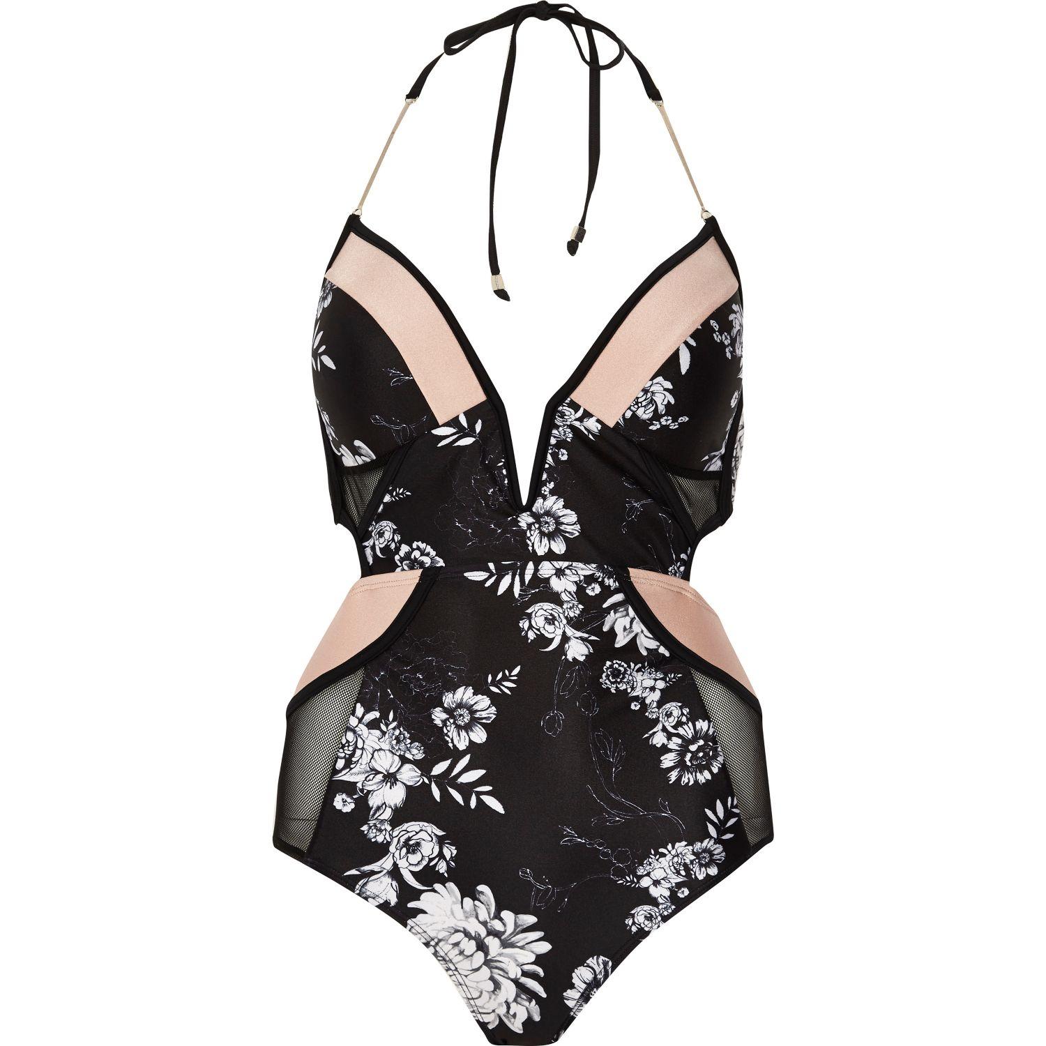 River island Black Floral Print Plunge Swimsuit in Black | Lyst