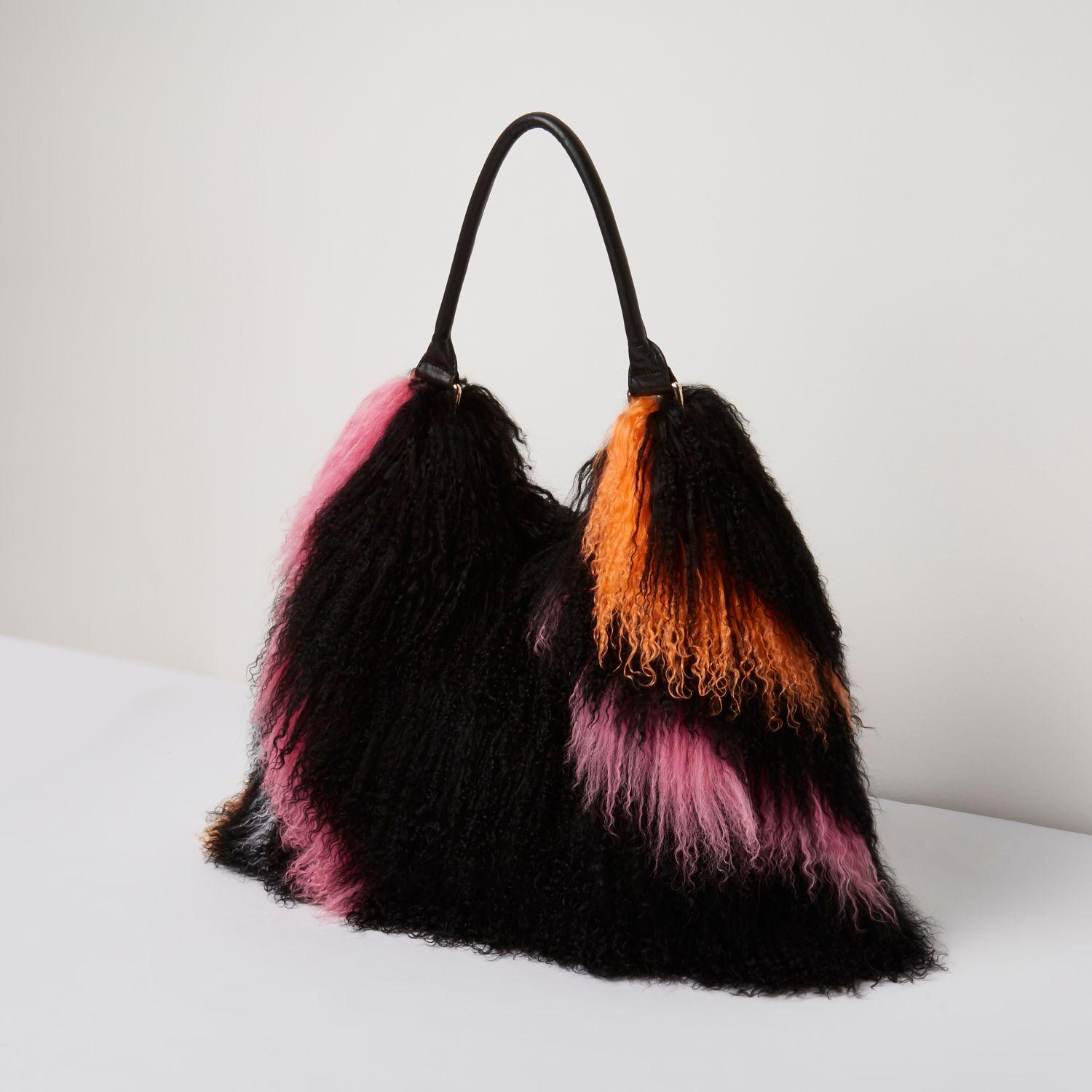Lyst River Island Black Mongolian Wool Stripe Leather Strap Bag In Lyst River Island Black Mongolian Wool Stripe Leather Strap Bag In