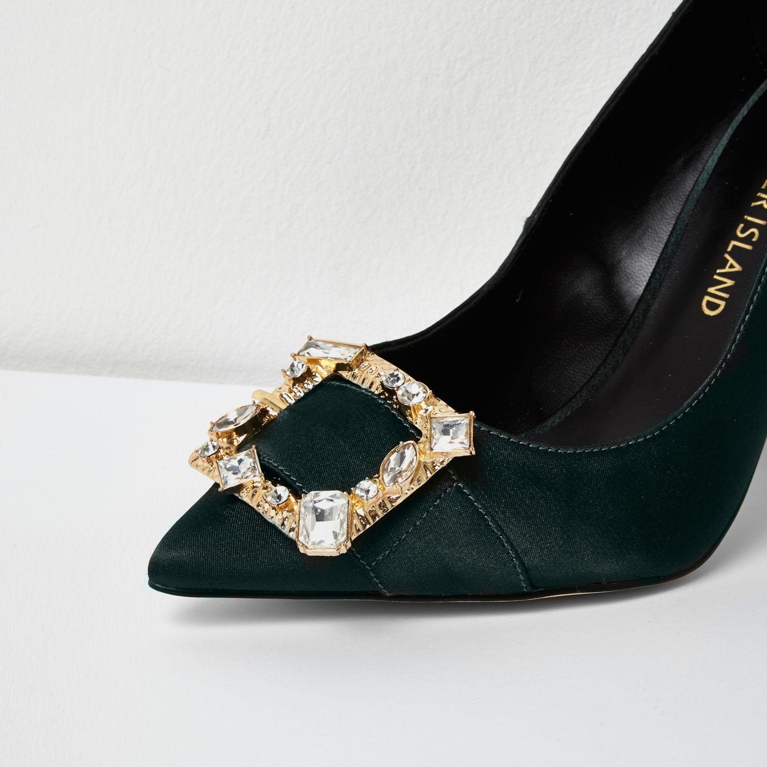 River Island Dark Green Satin Buckle Court Shoes in Khaki